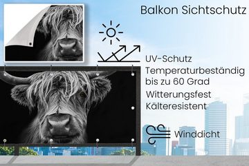 MuchoWow Balkonsichtschutz Schottischer Highlander - Hörner - Schwarz - Weiß - Kuh - Wild - Tiere (1-St) Balkonbanner, Sichtschutz für den Balkon, Robustes und wetterfest