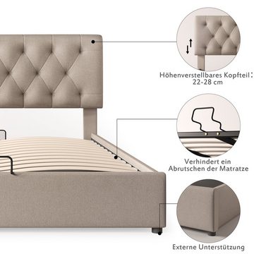 PHOEBE CAT Boxspringbett (Polsterbett mit Lattenrost und Bettkasten, verstellbarem Kopfteil), 160x200 cm Hydraulisches Doppelbett, Bezug aus Leinen, Kiefernholz