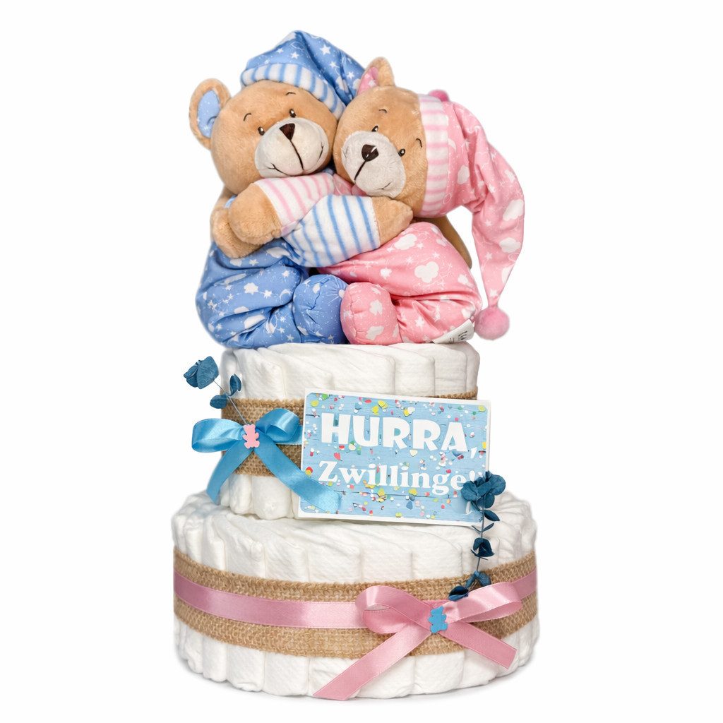dubistda-WINDELTORTEN- Neugeborenen-Geschenkset Windeltorte Zwillinge Bärengeschwister (2 x Baby Musikspieluhr Bär) 50-teilig