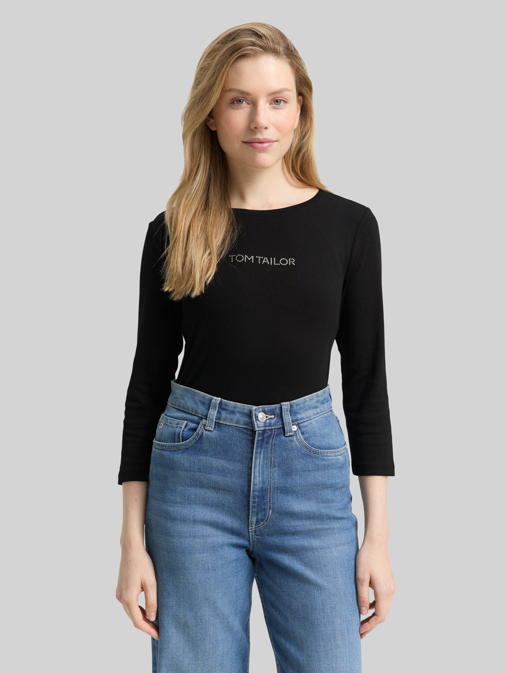 Tom Tailor 3/4-Arm-Shirt T-Shirt Slim Fit Langarmshirt mit Glitzer-Logo