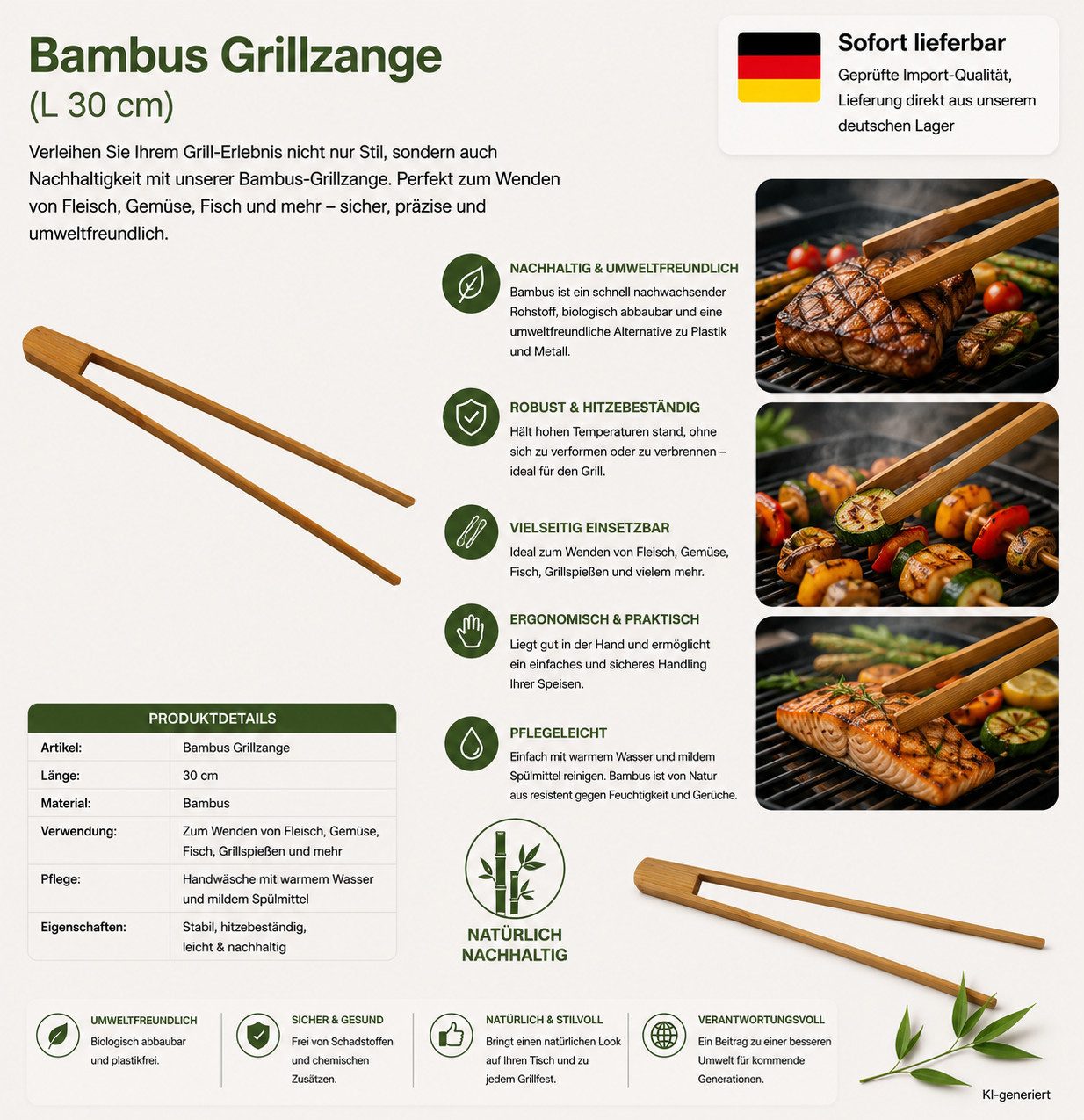 HH-Haushalt Grillbesteck-Set Bambus Grillzange (L 30 cm) – Bild 3 von 3