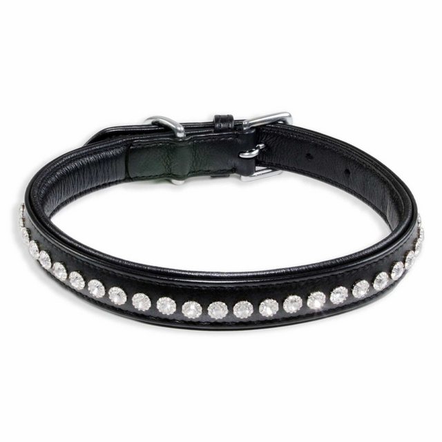 Monkimau Hunde-Halsband Hundehalsband Leder Halsband Hund schwarz gepolstert mit Kristallen, Leder