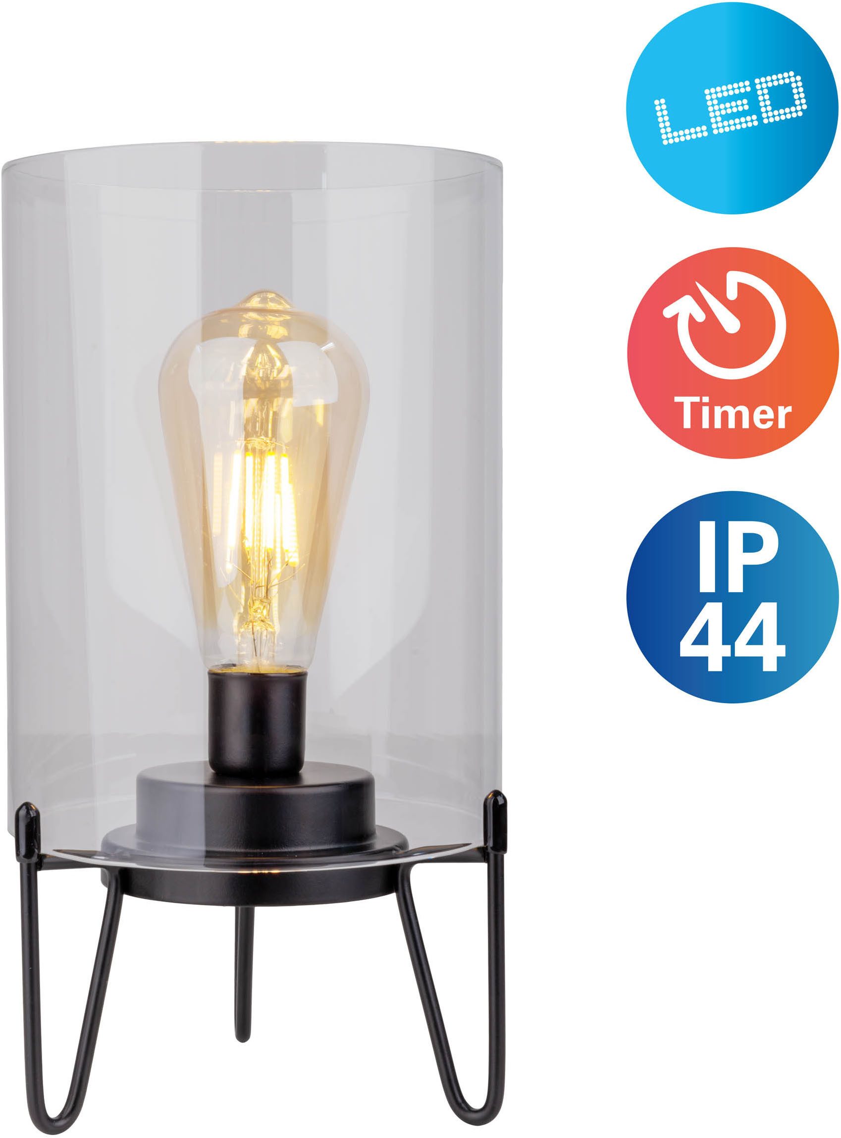 näve LED Außen-Tischleuchte Lonna, Ein-/Ausschalter, Timerfunktion, LED fest integriert, Warmweiß, Glasschirm klar, batteriebetrieben, Timer, Gestell schwarz, H: 28,5cm