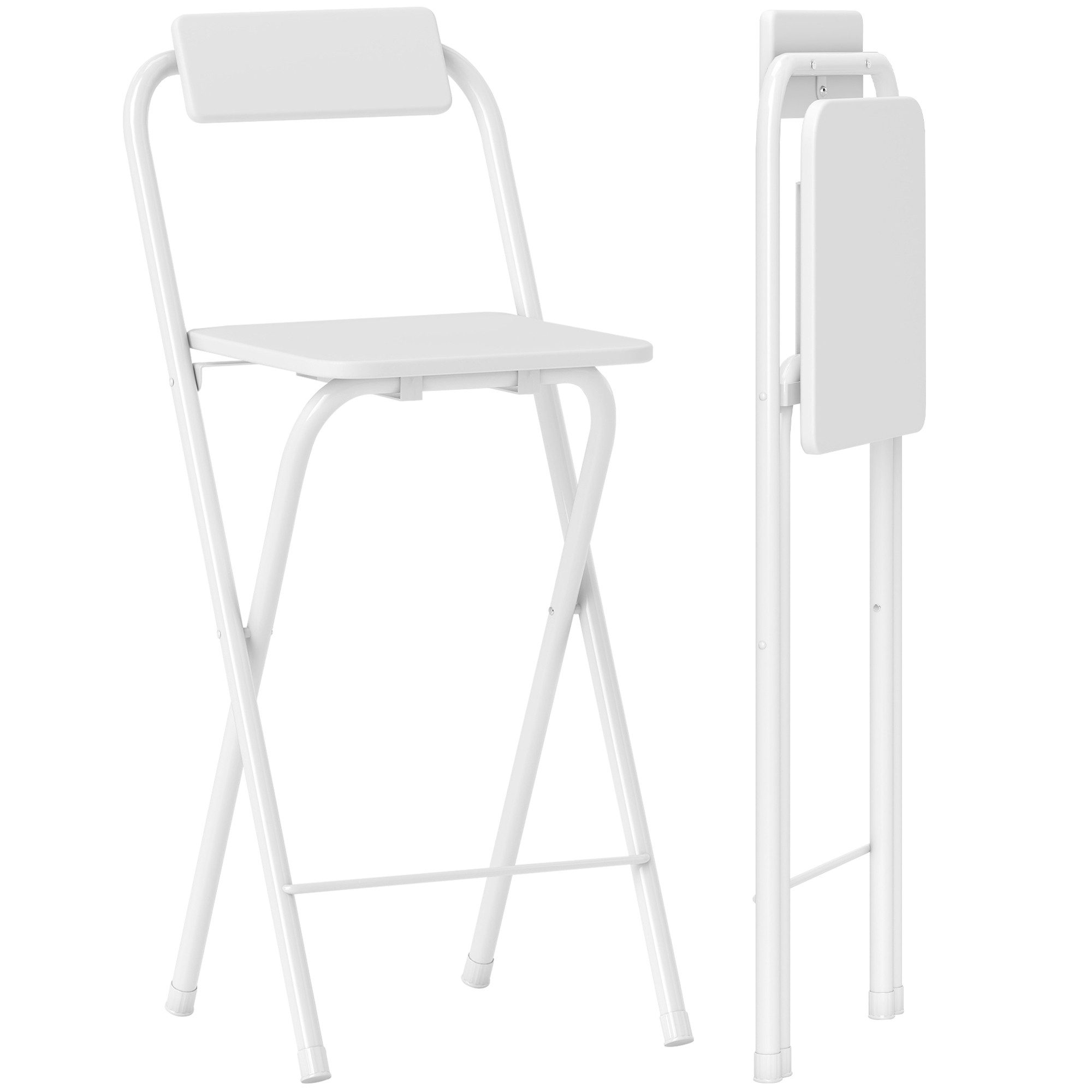 HOMCOM Barhocker mit Stahlgestell, Lehne, Fußstütze (Tresenhocker, 2 St., Klappbar Barstuhl), für Küche, Wohnzimmer, Esszimmer Weiß