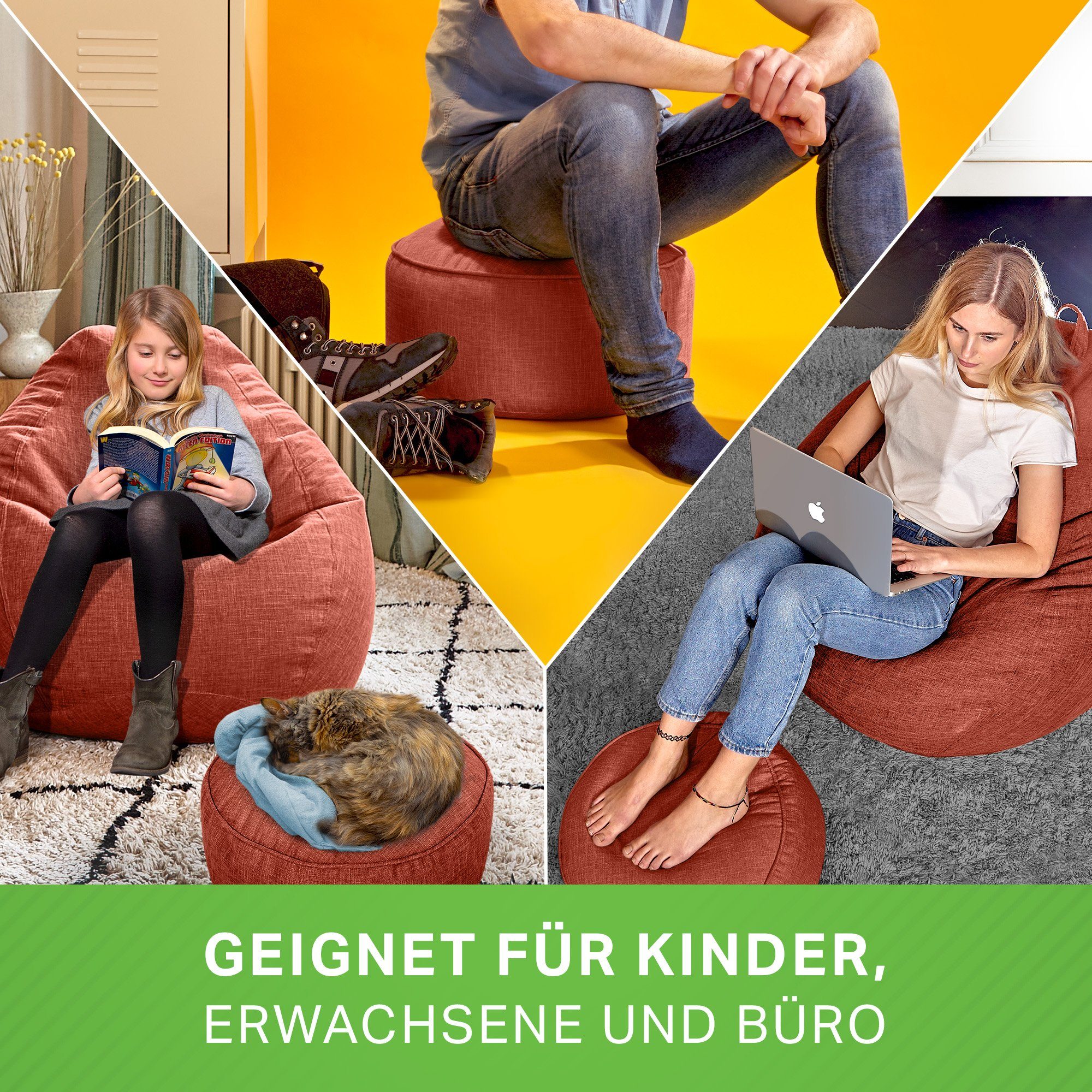 Bean (Indoor Sitzsack Waschbar), Liegekissen mit Drinnen Cherry Lounge Weich EPS-Perlen Bodenkissen Kuschelig Riesensitzsack Home-Linen Stoff und Rot Sitzkissen Green Füllung, Pouf