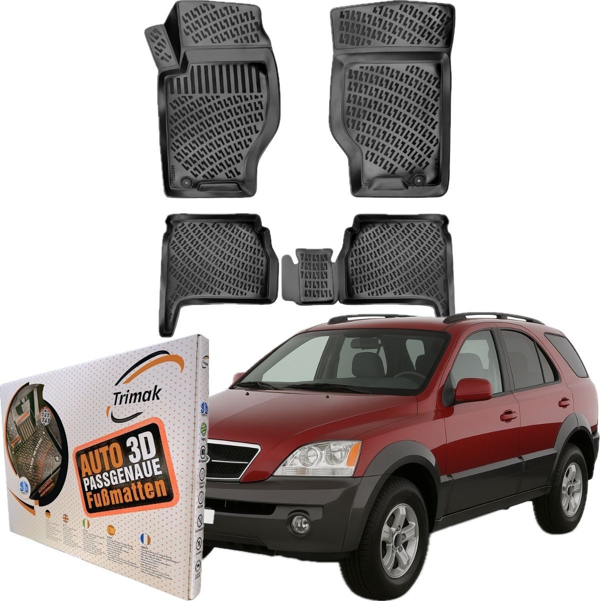 Trimak Passform-Fußmatten, Kofferraumwanne, Set kompatibel mit Kia Sorento, Kia Sorento 1.Gen. 2002-2009 Gummimatten Auto TPE Allwetter Fussmatten