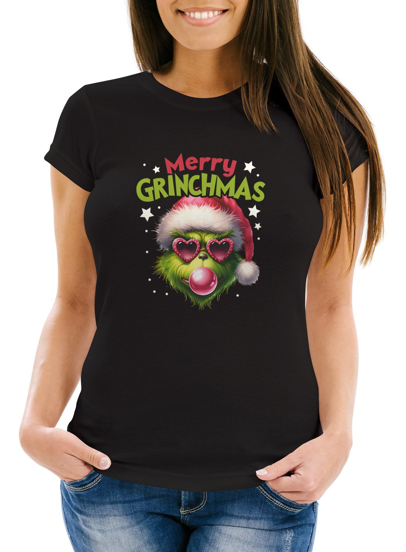 Print-Shirt Weihnachtsshirt Damen Spruch Merry Grinchmas T-Shirt Weihnachten