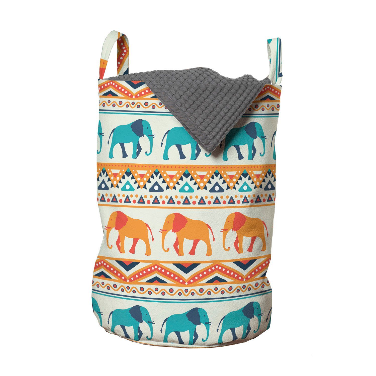 Abakuhaus Wäschesäckchen Wäschekorb mit Griffen Kordelzugverschluss für Waschsalons, Ethnisch Elephants Triangles