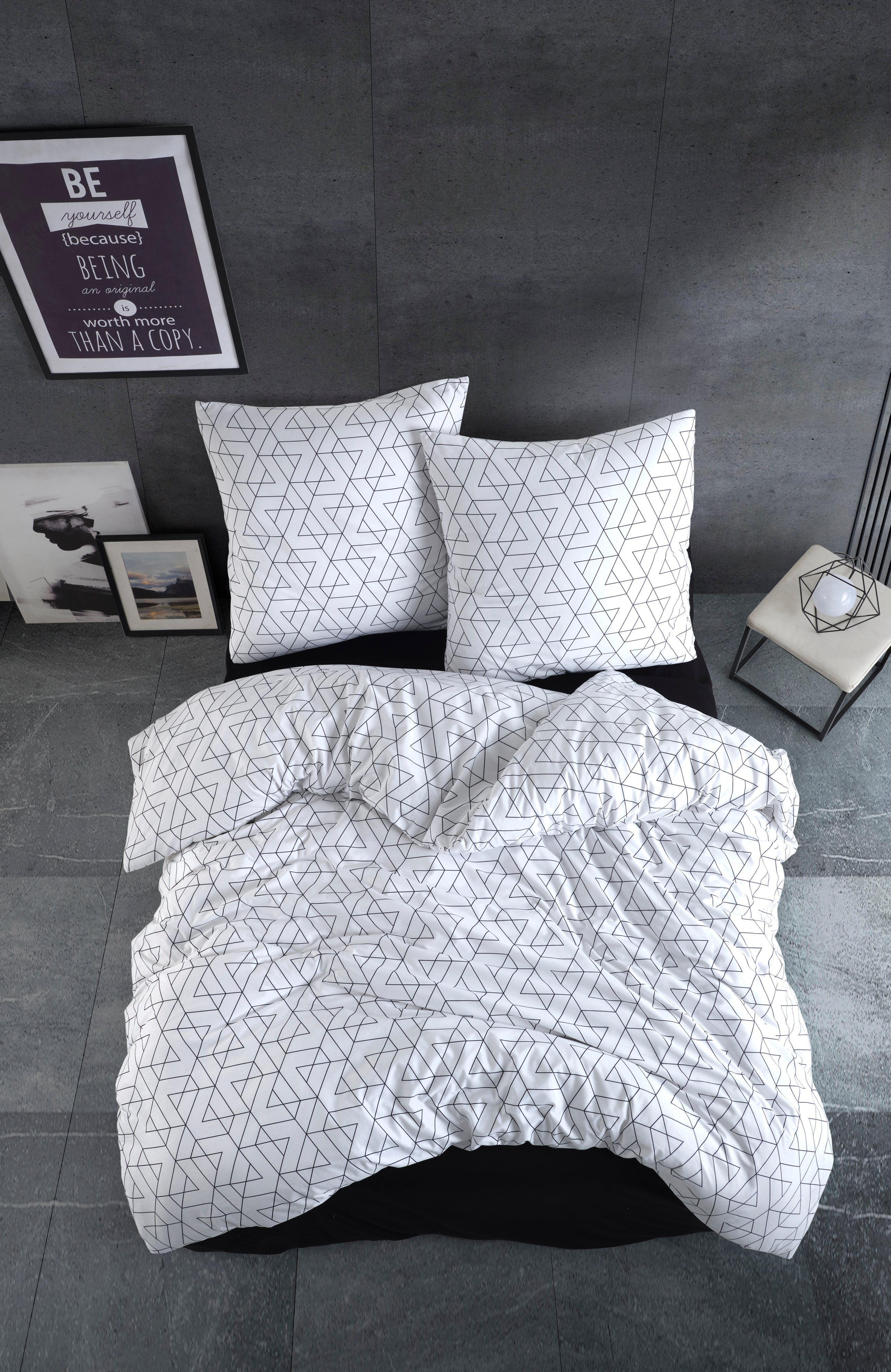 yadetextil Bettwäsche Bettwäsche 200x220 cm. 3 teilig set, weiß/schwarz, Renforce, 3 teilig, 100% Baumwolle/Renforcé mit Reißverschluss atmungsaktiver bettbezug schwarz geometrische Muster mit Kissenbezug 80x80 cm. Monza V2