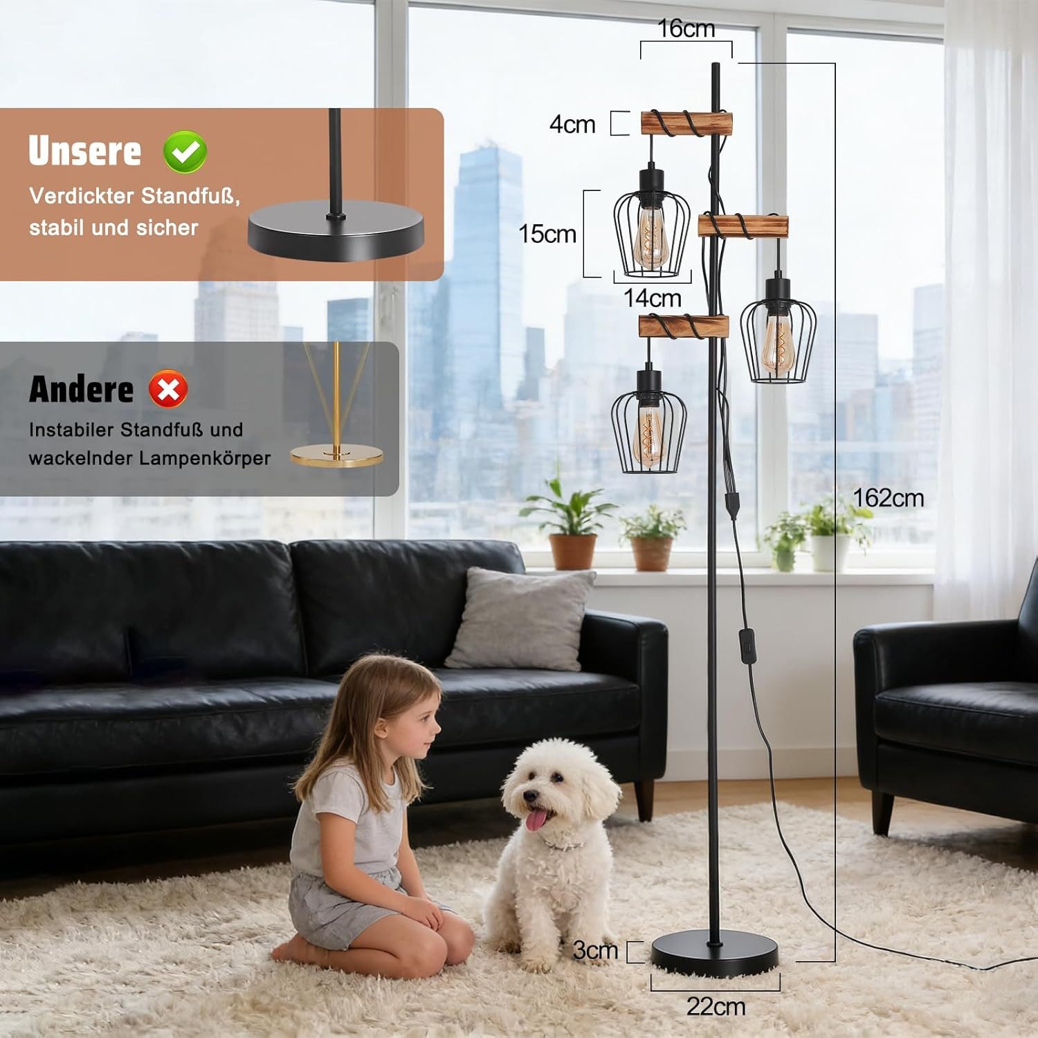 Nettlife Stehlampe Wohnzimmer Holz E27 Stehleuchte Vintage Schwarz Metall 152cm, mit Kippschalter, LED wechselbar, für Wohnzimmer, Schlafzimmer, Arbeitszimmer, Esszimmer