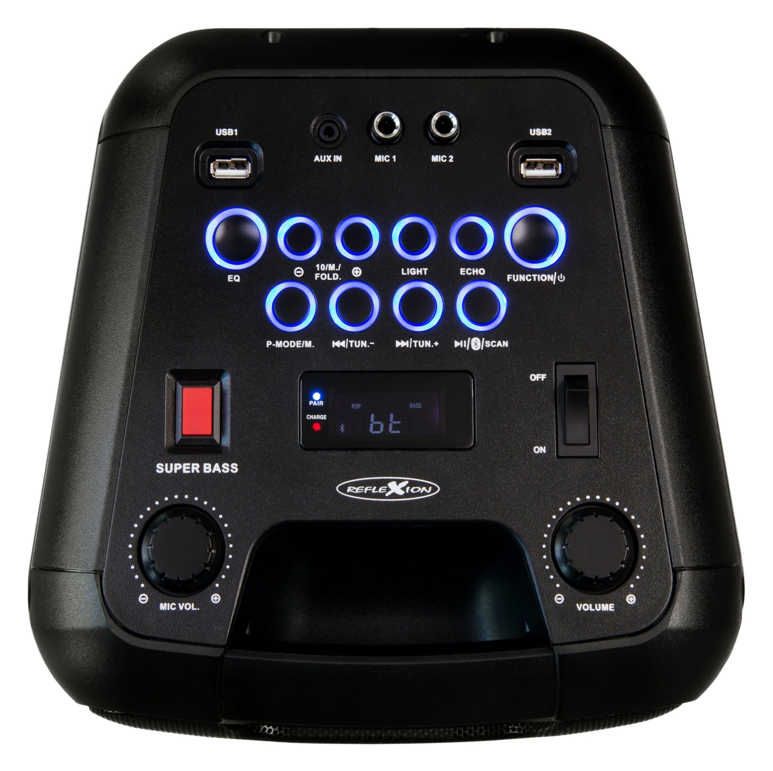 Reflexion PS08BT Party-Lautsprecher mobiler Lautsprecher 480 Watt) AUX, Party (Bluetooth, und W, 480 Lichteffekten mit Mikrofon, USB, Akku (Bluetooth