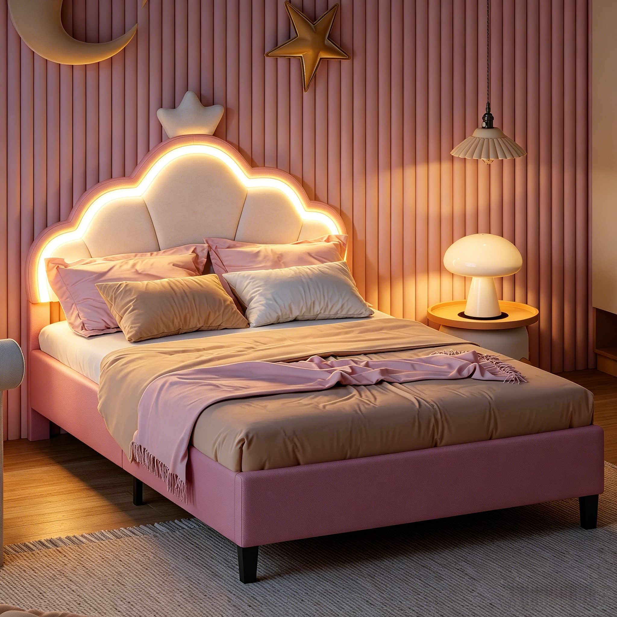 Furnishings Home Kinderbett Polsterbett LED mit Kopfteil 90x200 cm (Einzelbett mit LED-Beleuchtung), Geeignet für Jungen und Mädchen