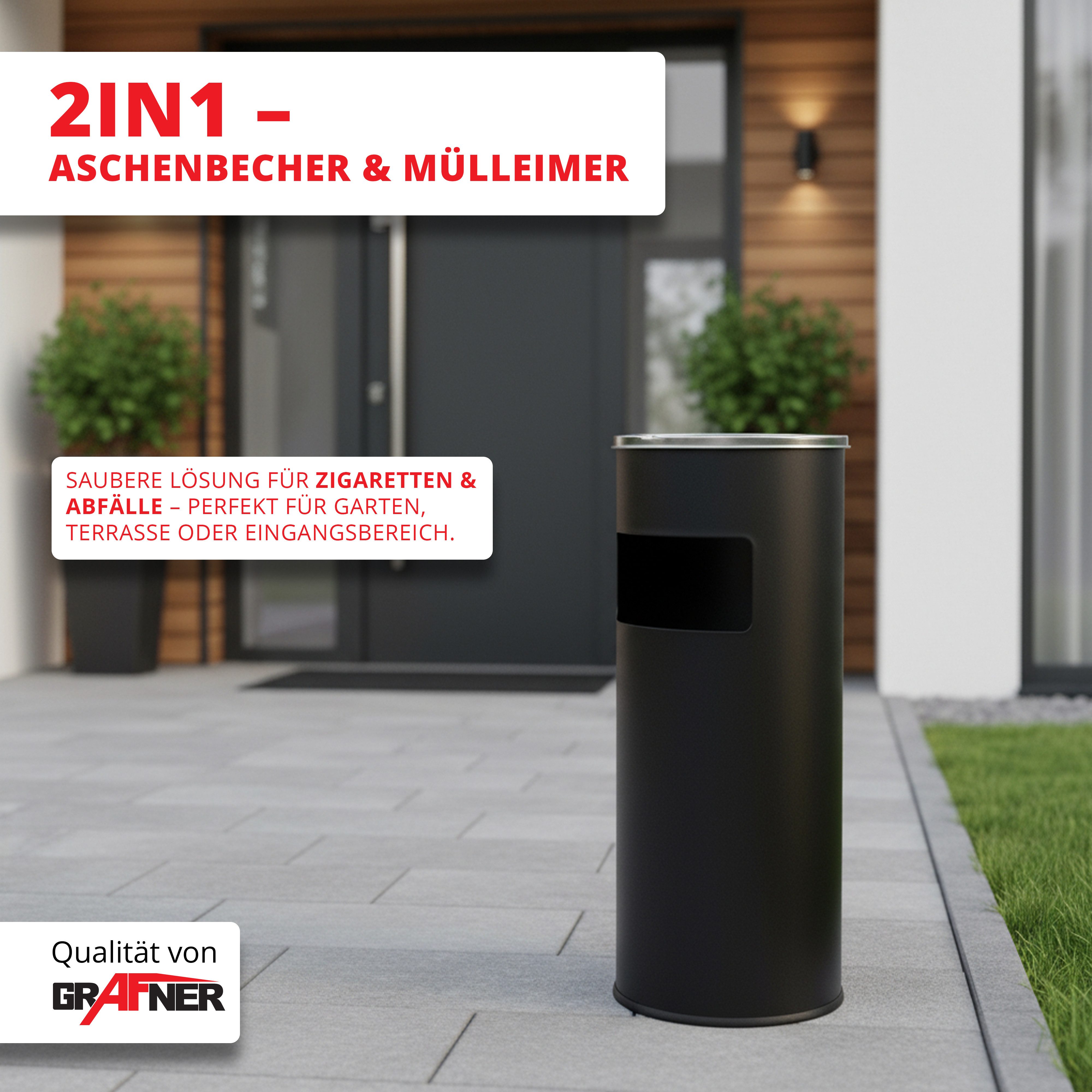 Grafner Aschenbecher Aschenbecher Standaschenbecher 2in1 Edelstahl mit Mülleimer 30 Liter, 3 Liter, Edelstahl