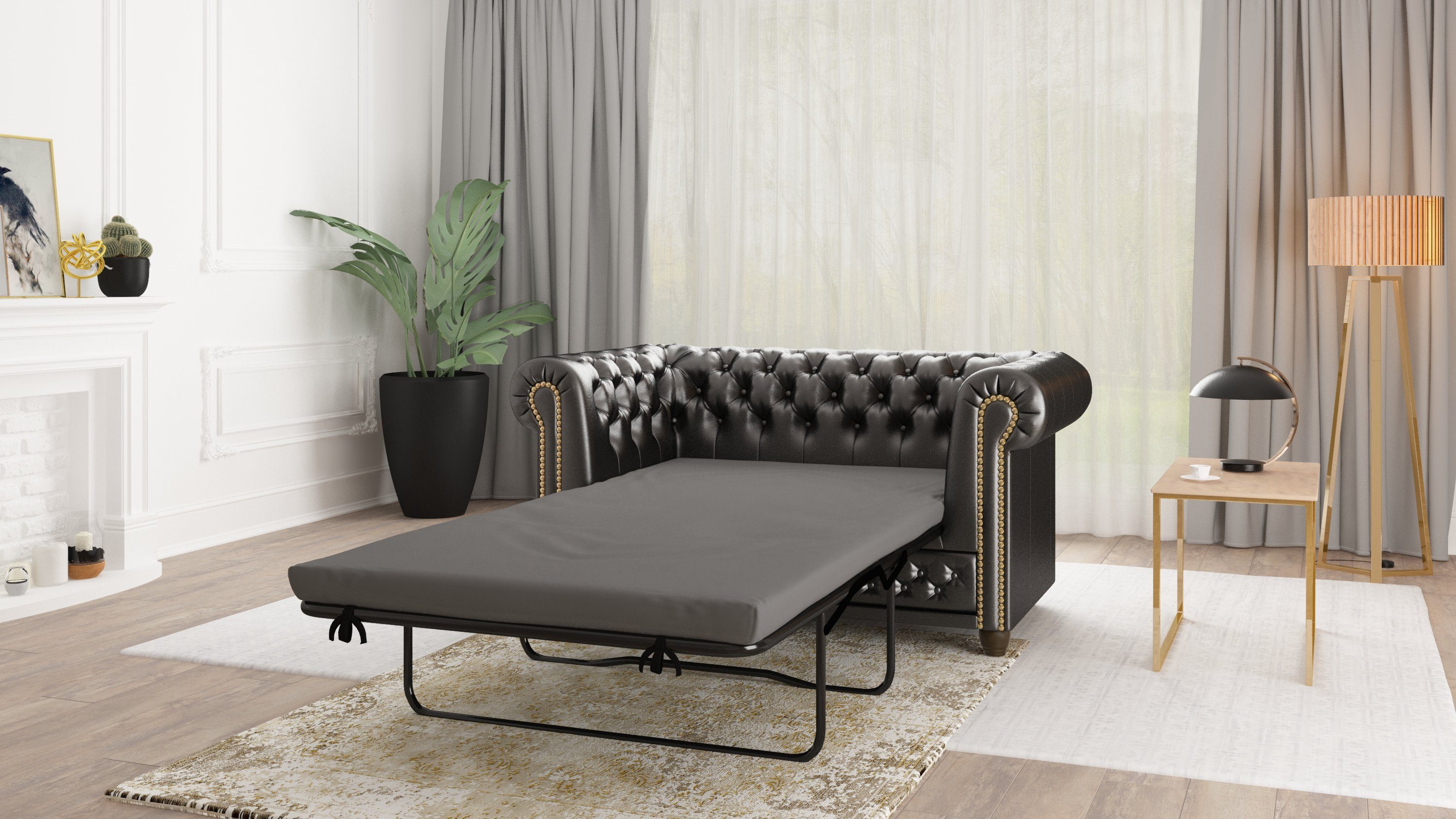 S-Style Möbel Chesterfield-Sofa Jeff 2-Sitzer mit Schlaffunktion aus veganem Leder, mit Holzfüßen, Chesterfield Couch