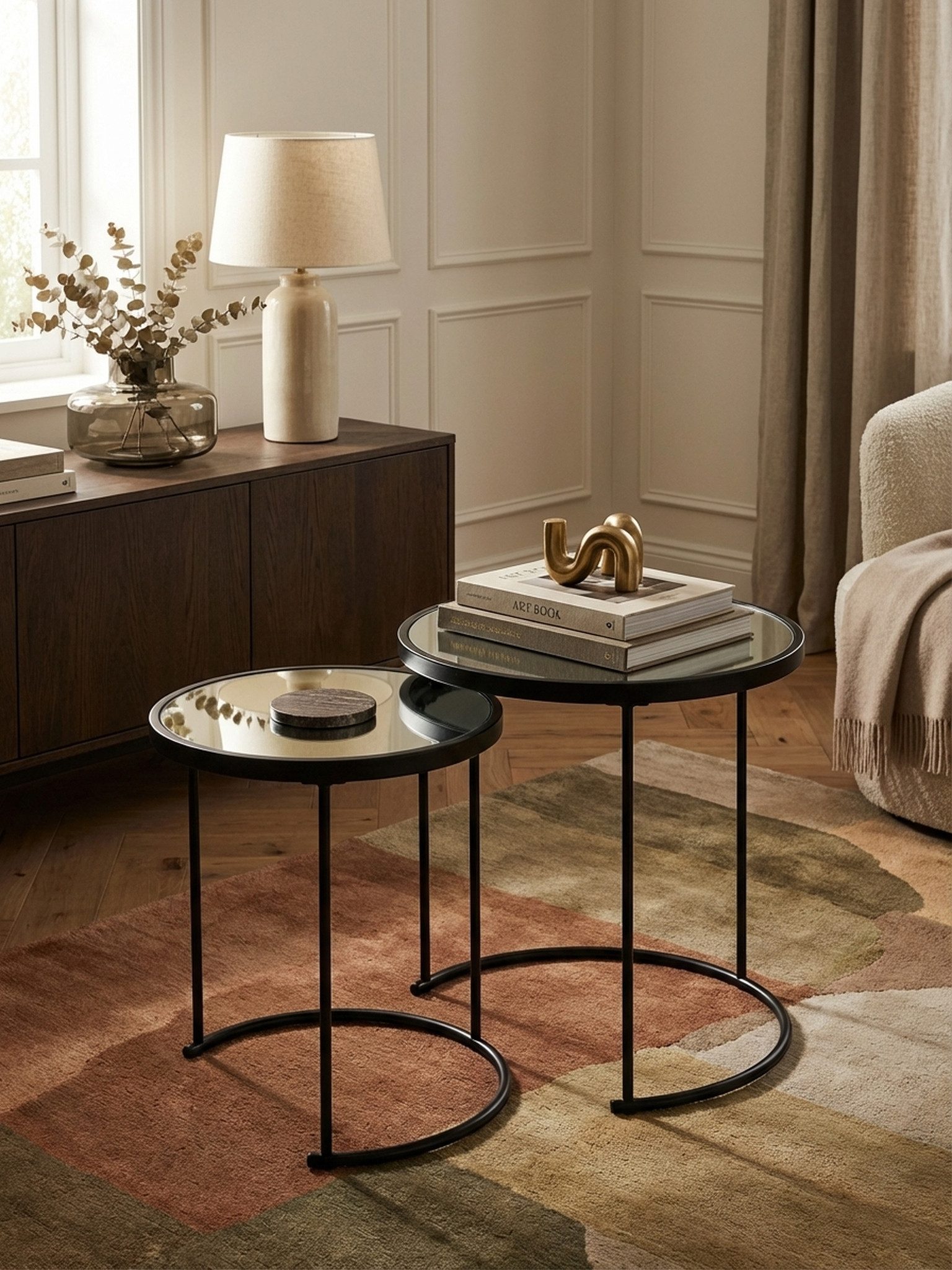 KADIMA DESIGN Satztisch Design Beistelltisch Rund Ø 50/42 cm - 2 teilig Schwarz mit Spiegel, Glas, Wohnzimmertisch 2er Set, Satztisch verspiegelt, Couchtisch