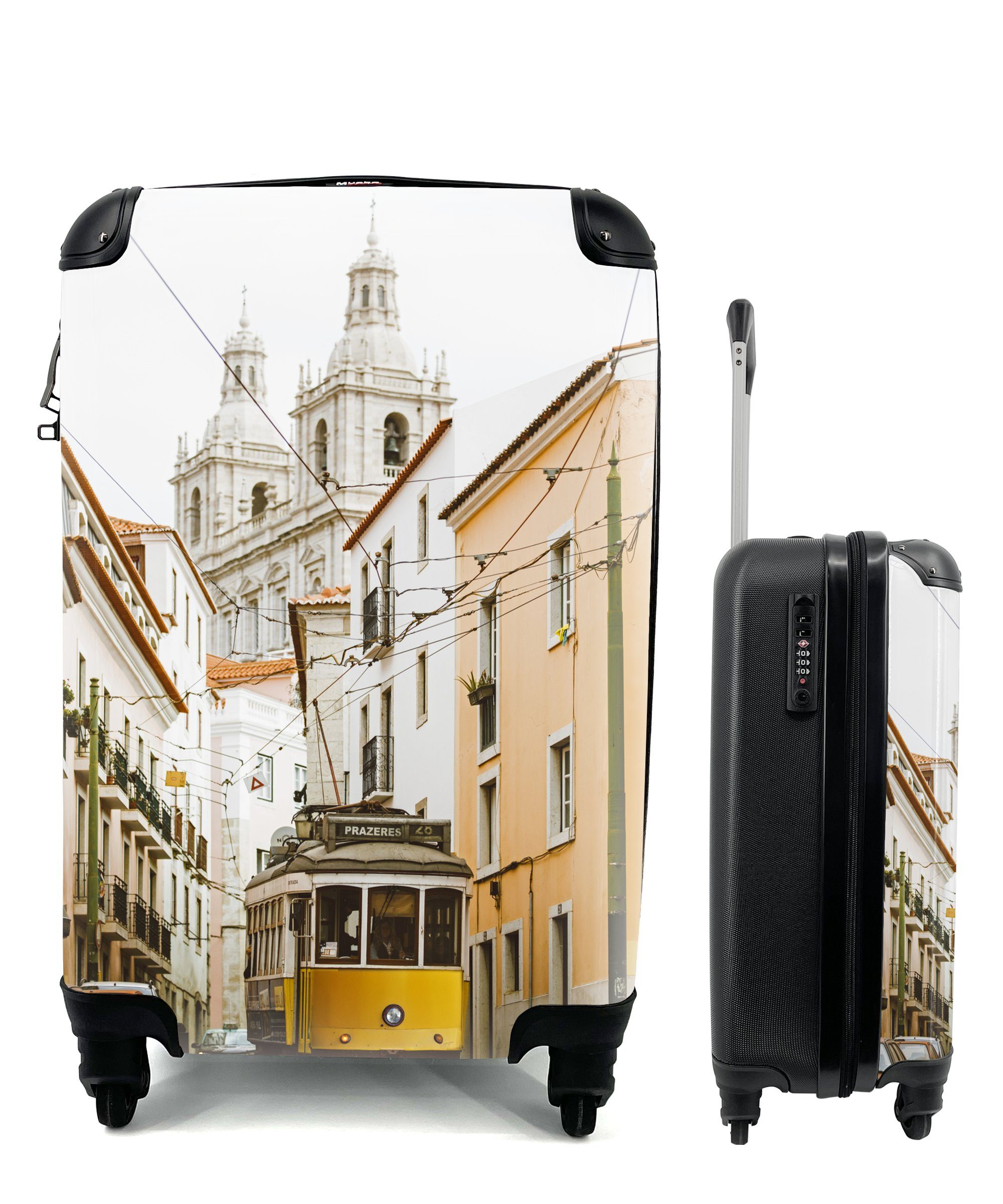 MuchoWow Handgepäckkoffer Die berühmte gelbe Straßenbahn fährt durch Lissabon, 4 Rollen, Reisetasche mit rollen, Handgepäck für Ferien, Trolley, Reisekoffer