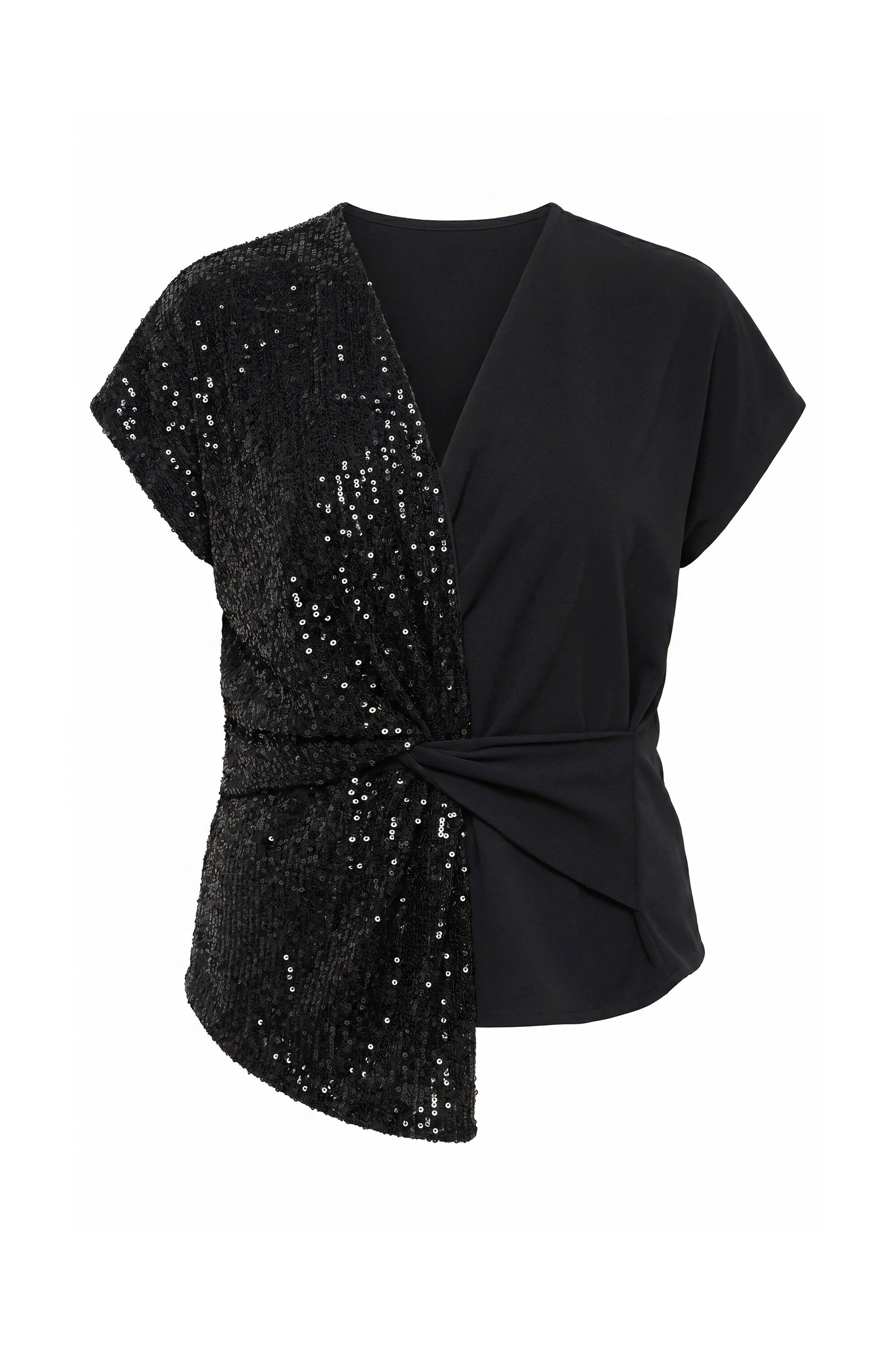 Ulla Popken Wickelbluse Jerseybluse Pailletten V-Ausschnitt Kurzarm – Bild 2 von 4