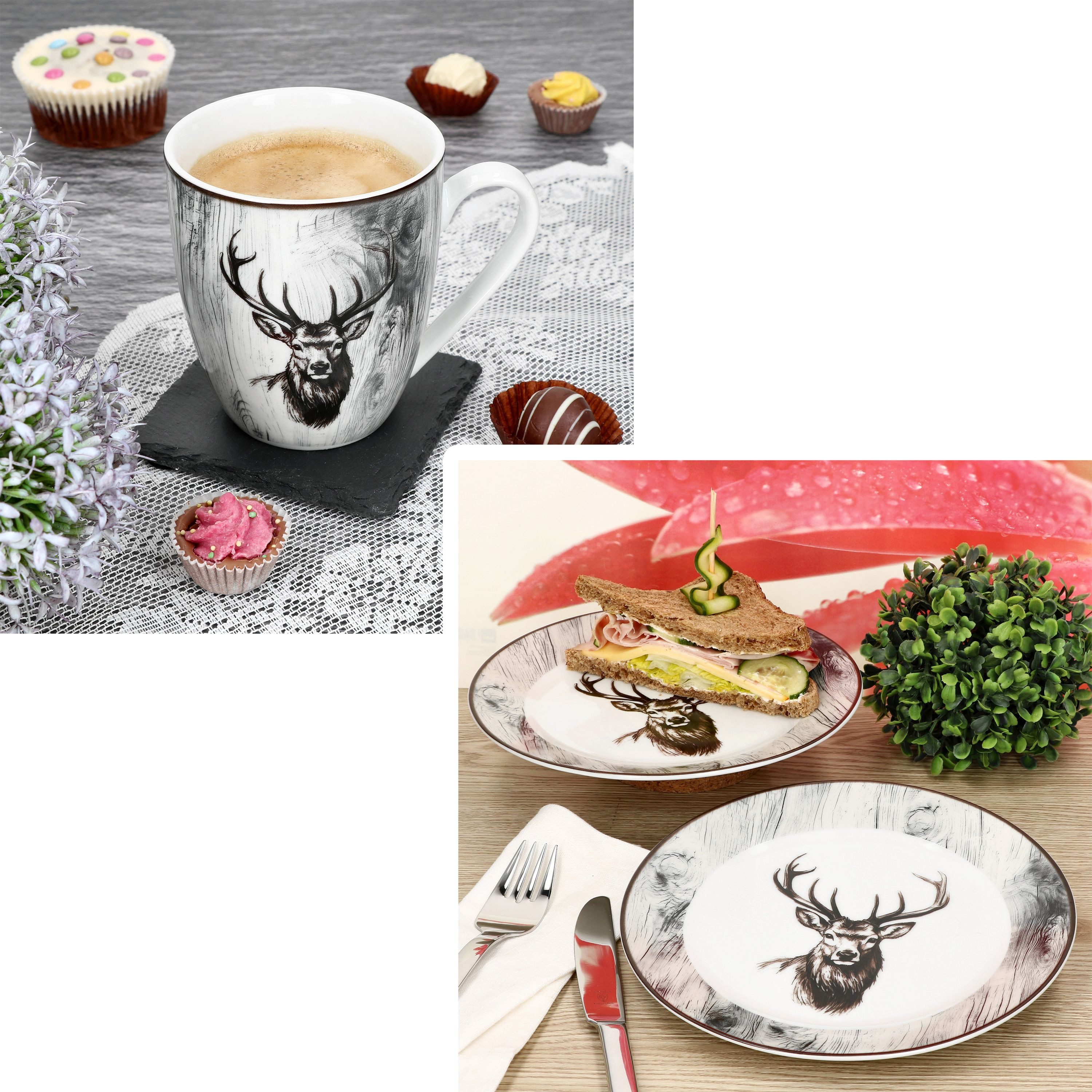 MamboCat Kaffeeservice MamboCat Alois 12tlg Frühstücksset Hirsch Kaffeebecher Teller Landhaus, Porzellan