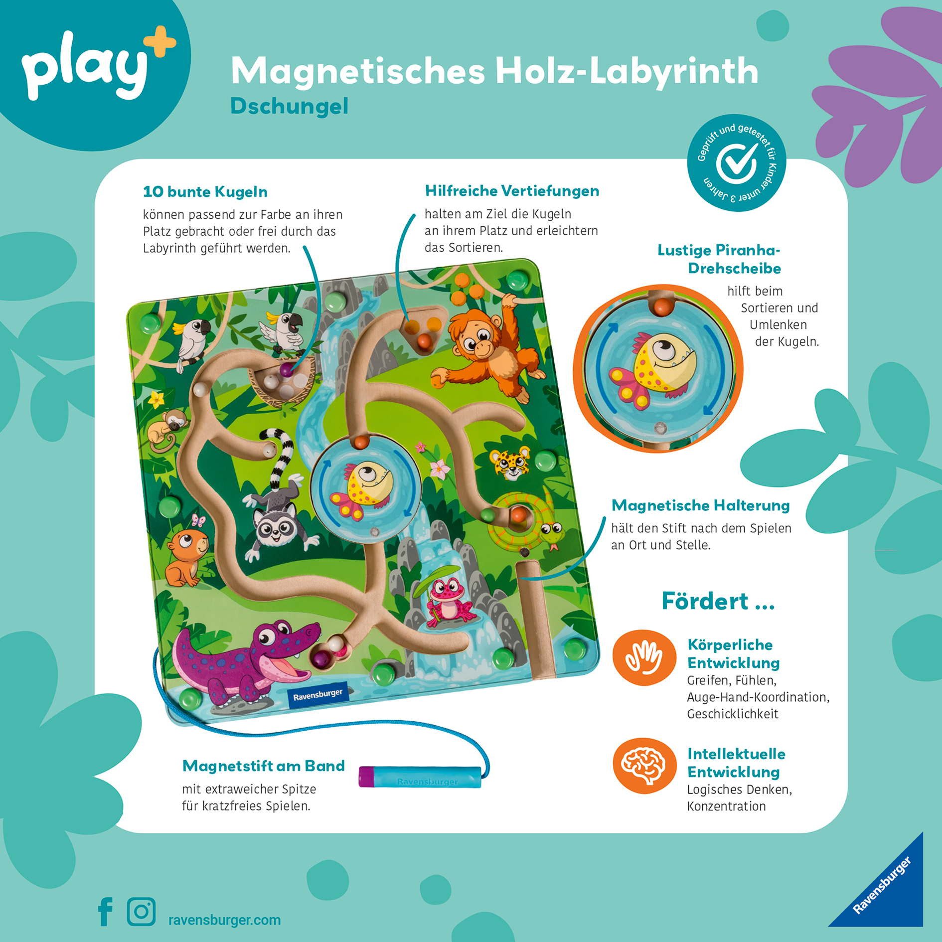 Ravensburger Spiel Motorikspielzeug Play+ Magnetisches Holz-Labyrinth: Dschungel 04873