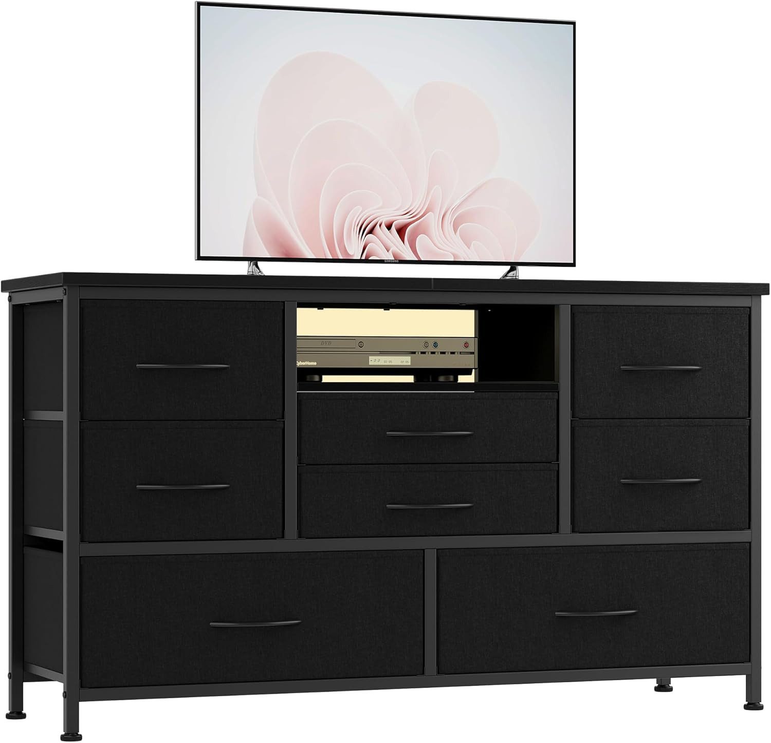 GarveeMore Kommode Kommode mit 8 Stoffschubladen, TV-Lowboard mit LED- Ladestation, Aufbewahrungsmöbel für Kinderzimmer