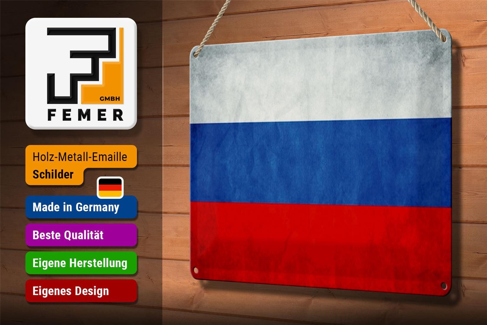 Femer GmbH Metallschild Flagge 30x20cm Russland Fahne Russia Flag, (1 St), gewölbte Oberfläche, abgerundete Ecken, umgeschlagene Kanten