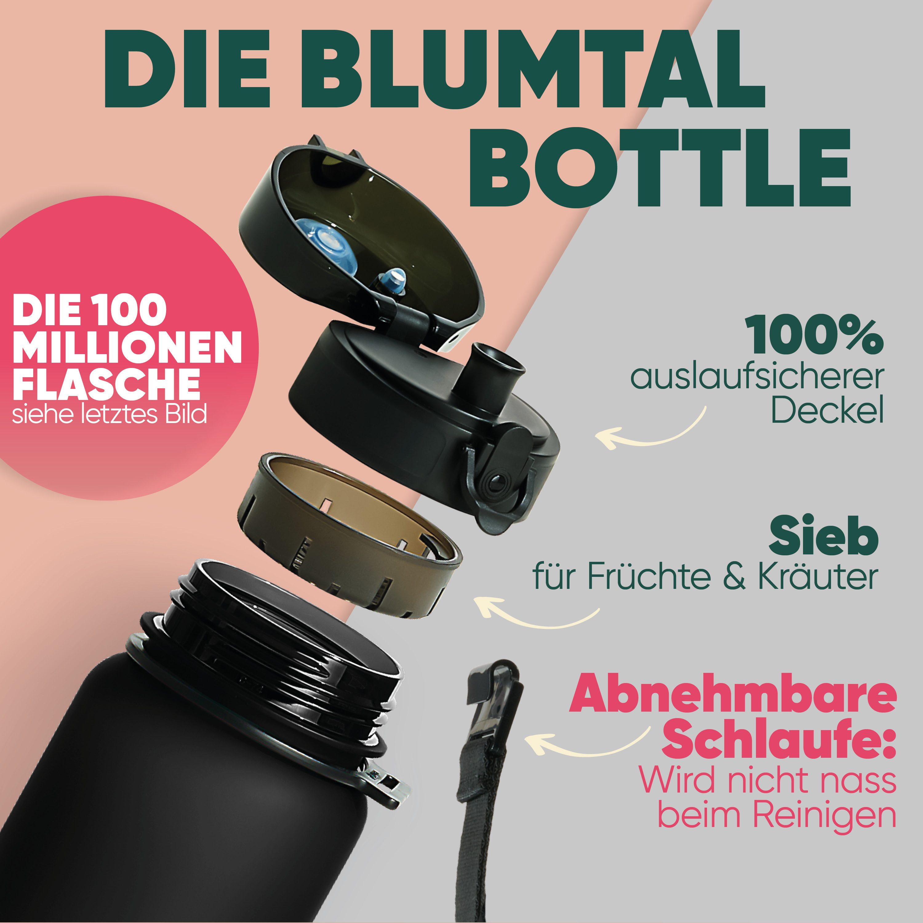 Blumtal Trinkflasche auslaufsichere Trinkflasche Sport + 1-Klick-Verschluss, BPA-freie Wasserflasche mit Sieb - spülmaschinenfest