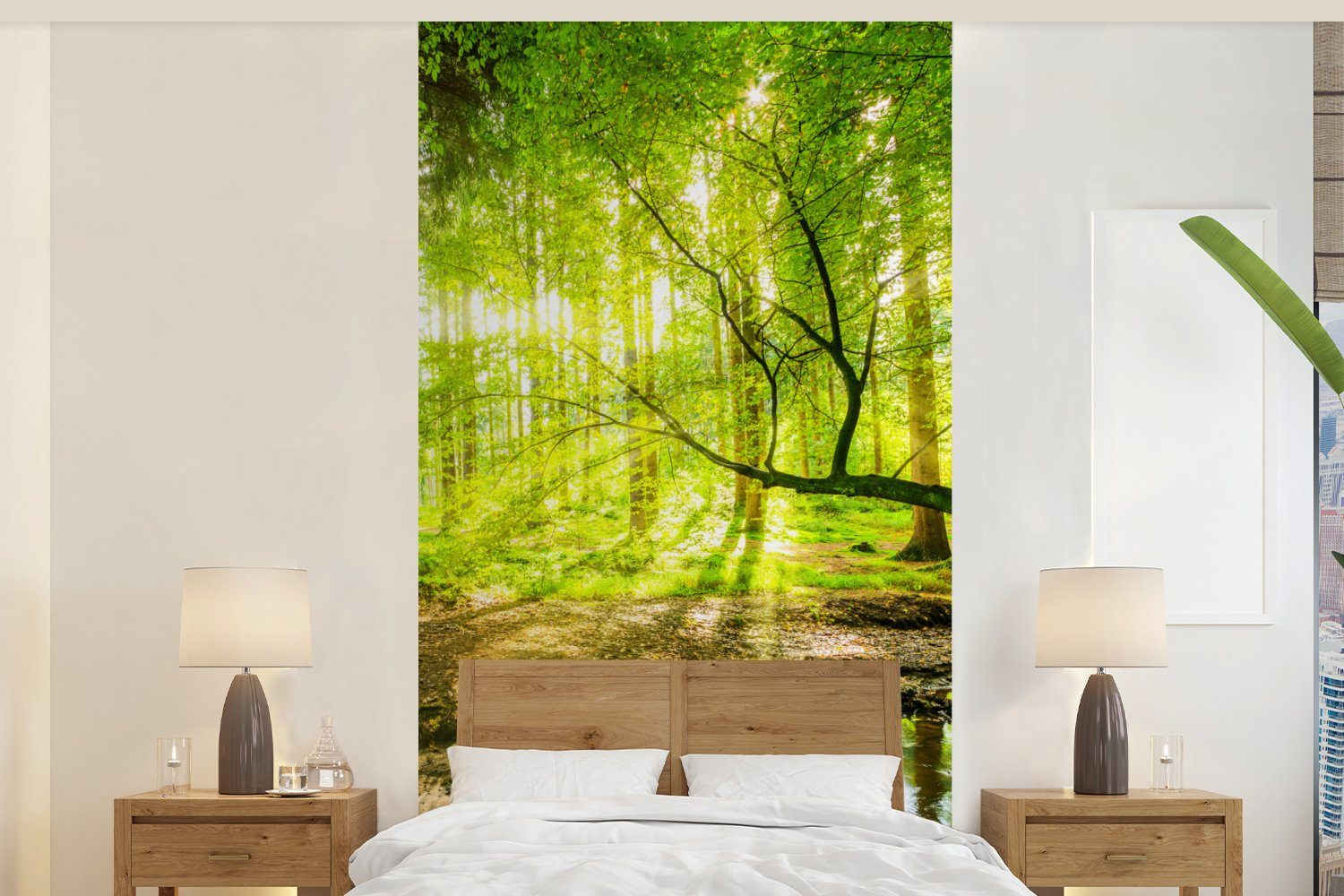 MuchoWow Fototapete Wald - Landschaft - Wasser - Bäume - Sonne - Grün - Natur, Matt, bedruckt, (2 St), Vliestapete für Wohnzimmer Schlafzimmer Küche, Fototapete