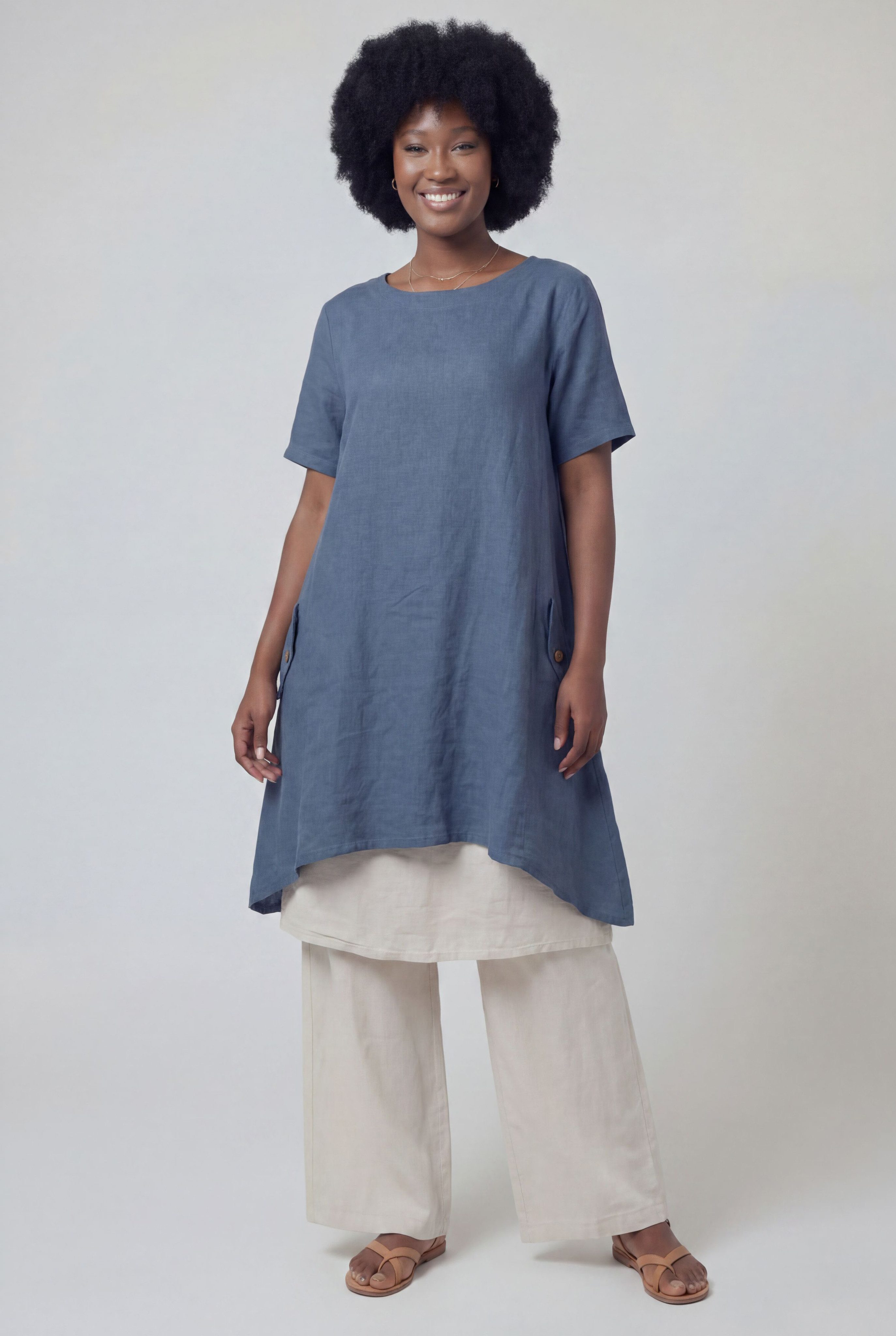 YC Fashion & Style Tunika Leinenkleid – luftiges Oversized Tunika-Kleid – One Size 34–44 dekorative Knopfdetails