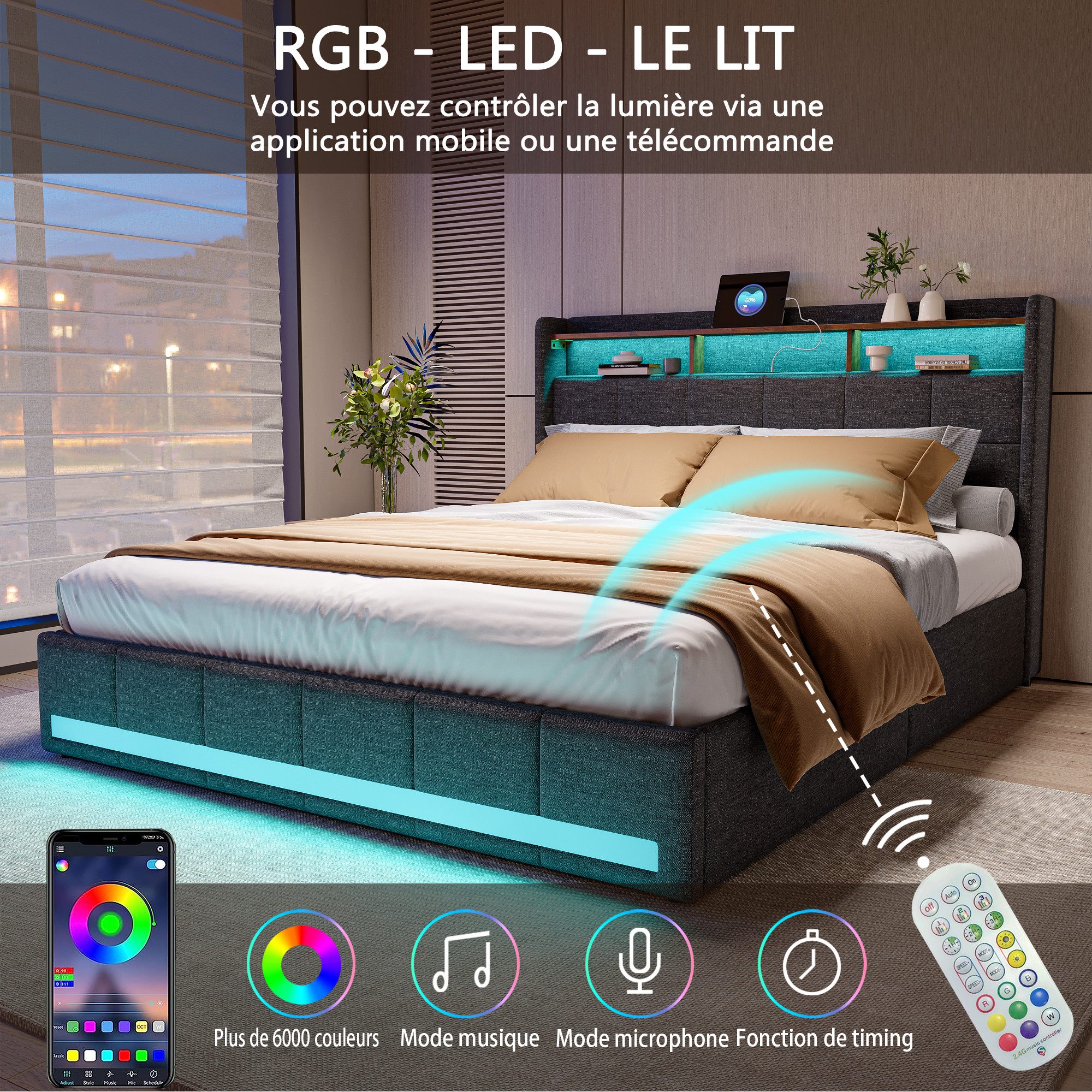 PXloue Funktionsbett Polsterbett Doppelbett, mit USB-Laden und Stauraum am Kopfteil,Leinen,160x200 cm – Bild 3 von 5