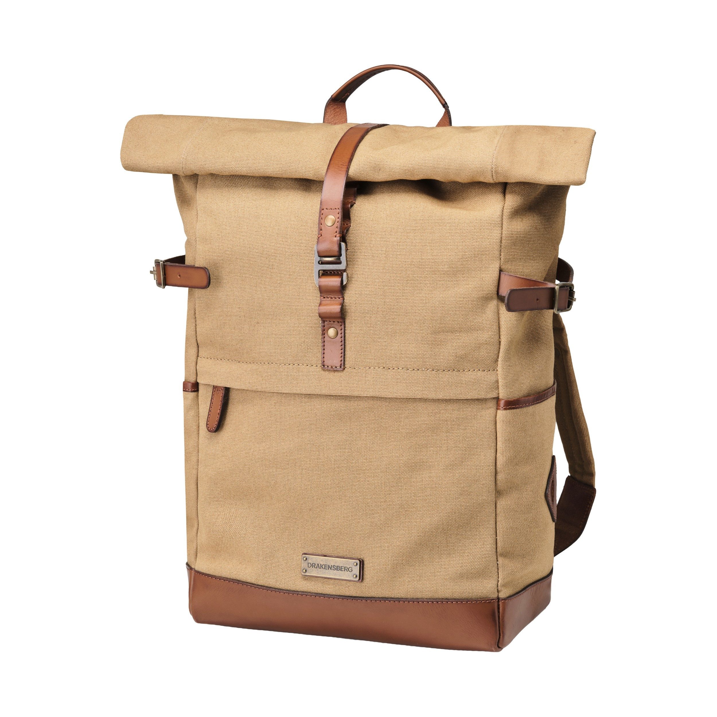 DRAKENSBERG Rucksack Roll-Top »Wyatt« Khaki-Beige, Outdoor-Rucksack aus imprägniertem Canvas mit Leder, 15" Laptopfach