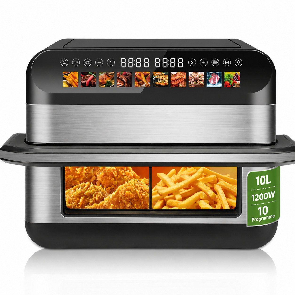 PHILODECO Heißluftfritteuse Mini-Backofen 10L, 1200W Airfryer, 10-in-1 Air Fryer mit Sichtfenster und Innenlicht, 80℃ -200℃, Groß für 3–6 Personen, 2400 W, Doppelkammer‑Funktion
