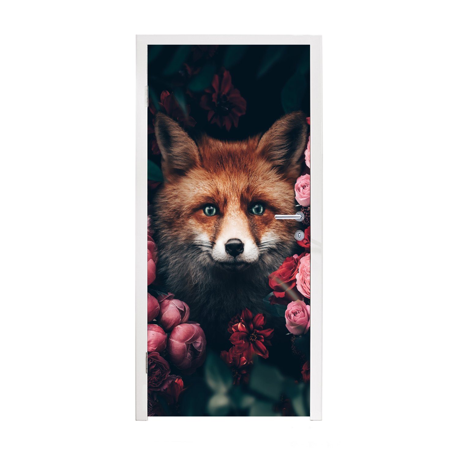 MuchoWow Türtapete Fuchs - Blumen - Tiere, Matt, bedruckt, (1 St), Fototapete für Tür, Türaufkleber, 75x205 cm