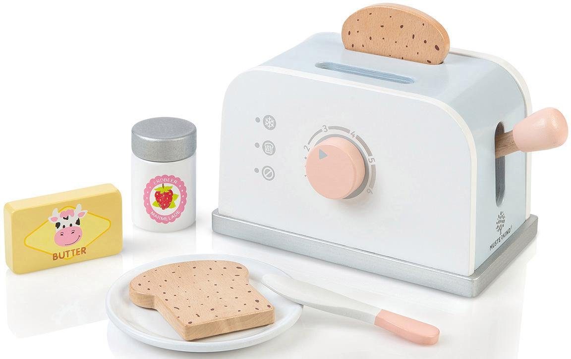 MUSTERKIND® Kinder-Toaster Holzspielzeug, drehbaren Knopf mit Olea, weiß/graublau
