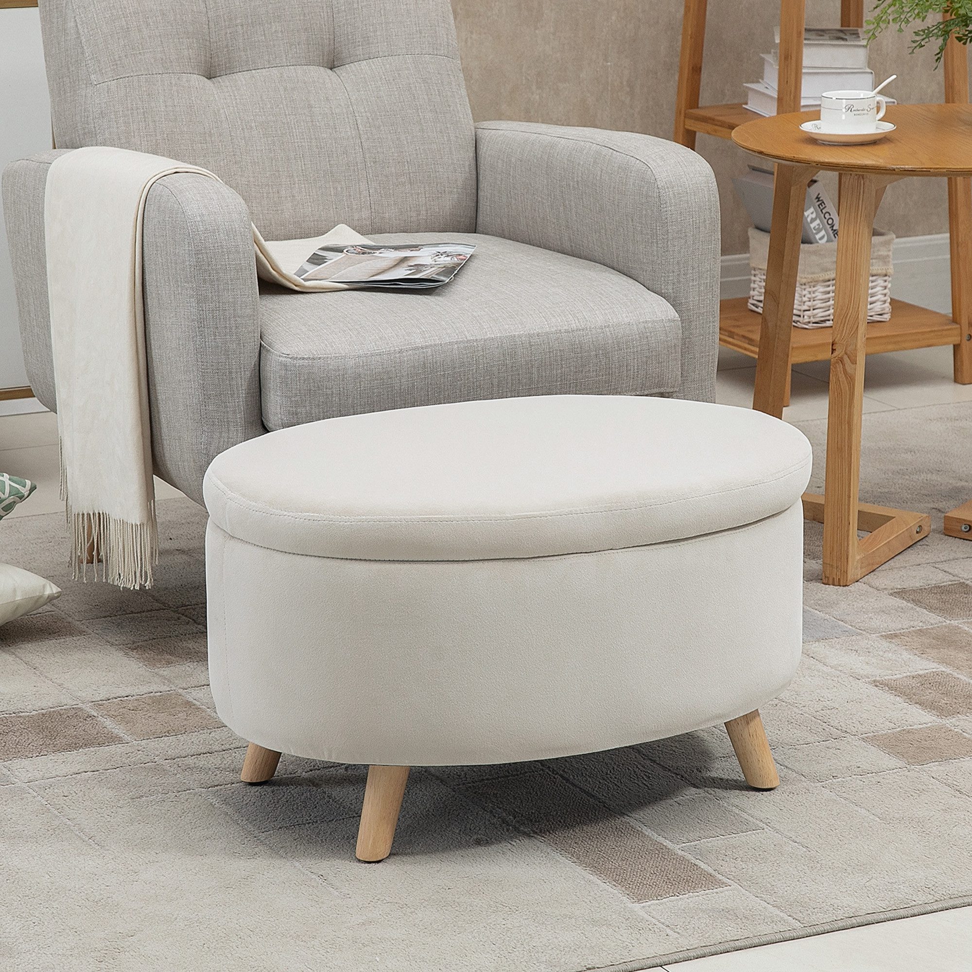 HOMCOM Sitzbank Oval Bank mit Stauraum, Deckel, Samtoptik (Polsterbank, 1-St., Bettbank), für Flur Schlafzimmer Wohnzimmer, Holzbeine 71 x 51,5 x 42 cm Beige