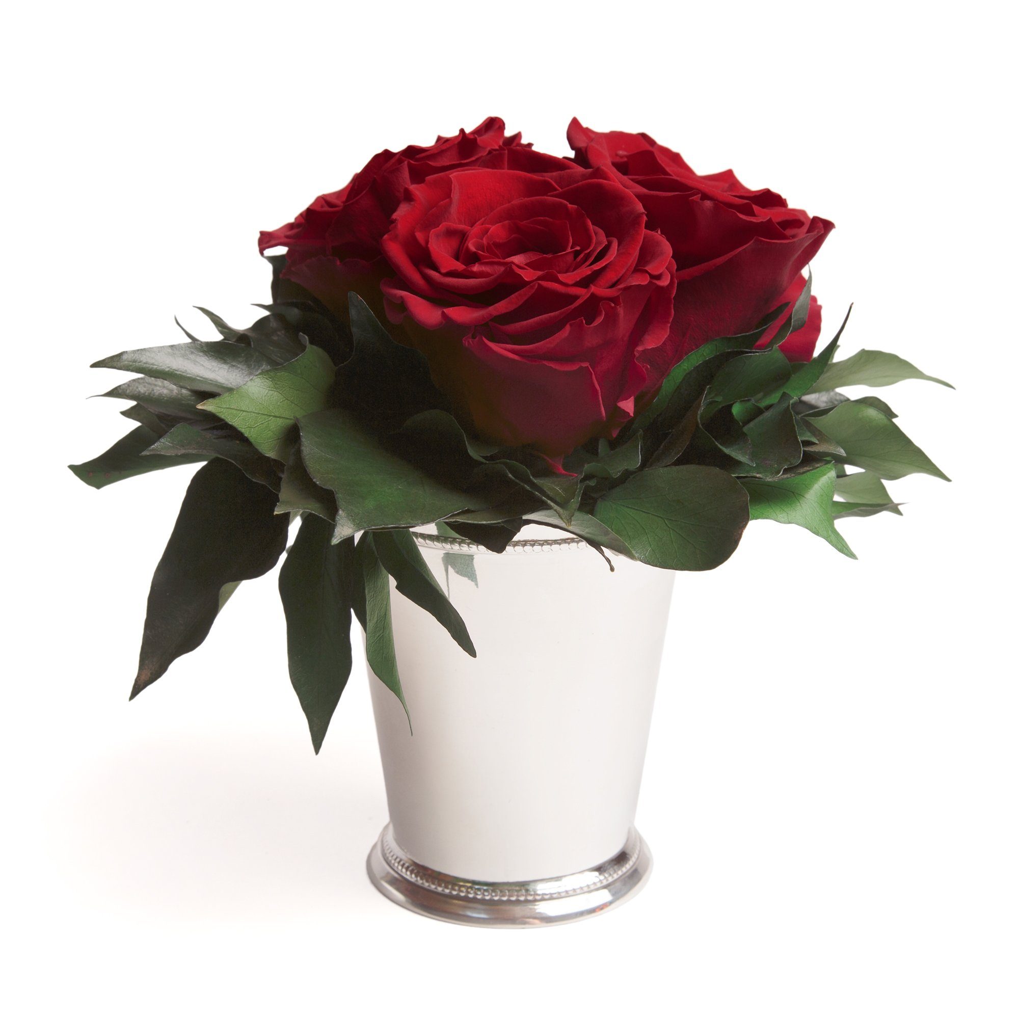 Kunstorchidee 3 Infinity Rosen silberfarbene Vase Wohnzimmer Deko Blumenstrauß Rose, ROSEMARIE SCHULZ Heidelberg, Höhe 15 cm, Rose haltbar bis zu 3 Jahre Burgundy