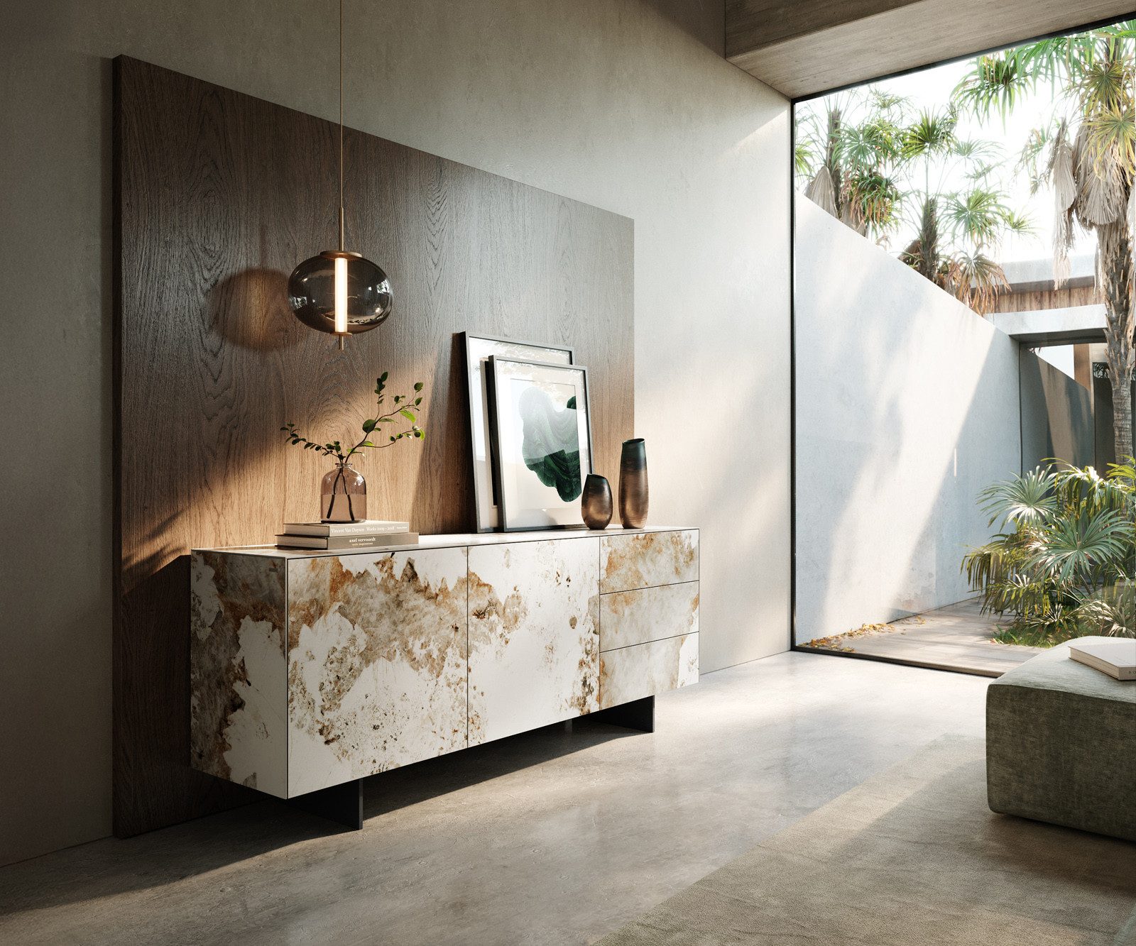 DELIFE Sideboard Cuor, Keramik Minas Melange Weiß-Beige 180 cm 2 Türen 3 Schubfächer Fuß Schw