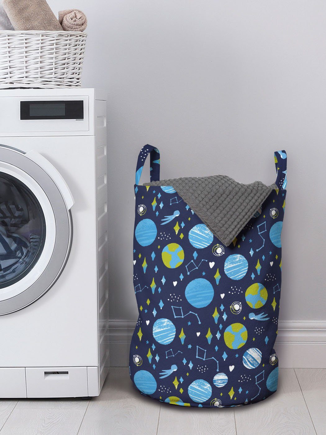 Waschsalons, Drawn Elements Griffen Abakuhaus Kordelzugverschluss Fliegen Platz Wäschesäckchen mit Wäschekorb Hand für