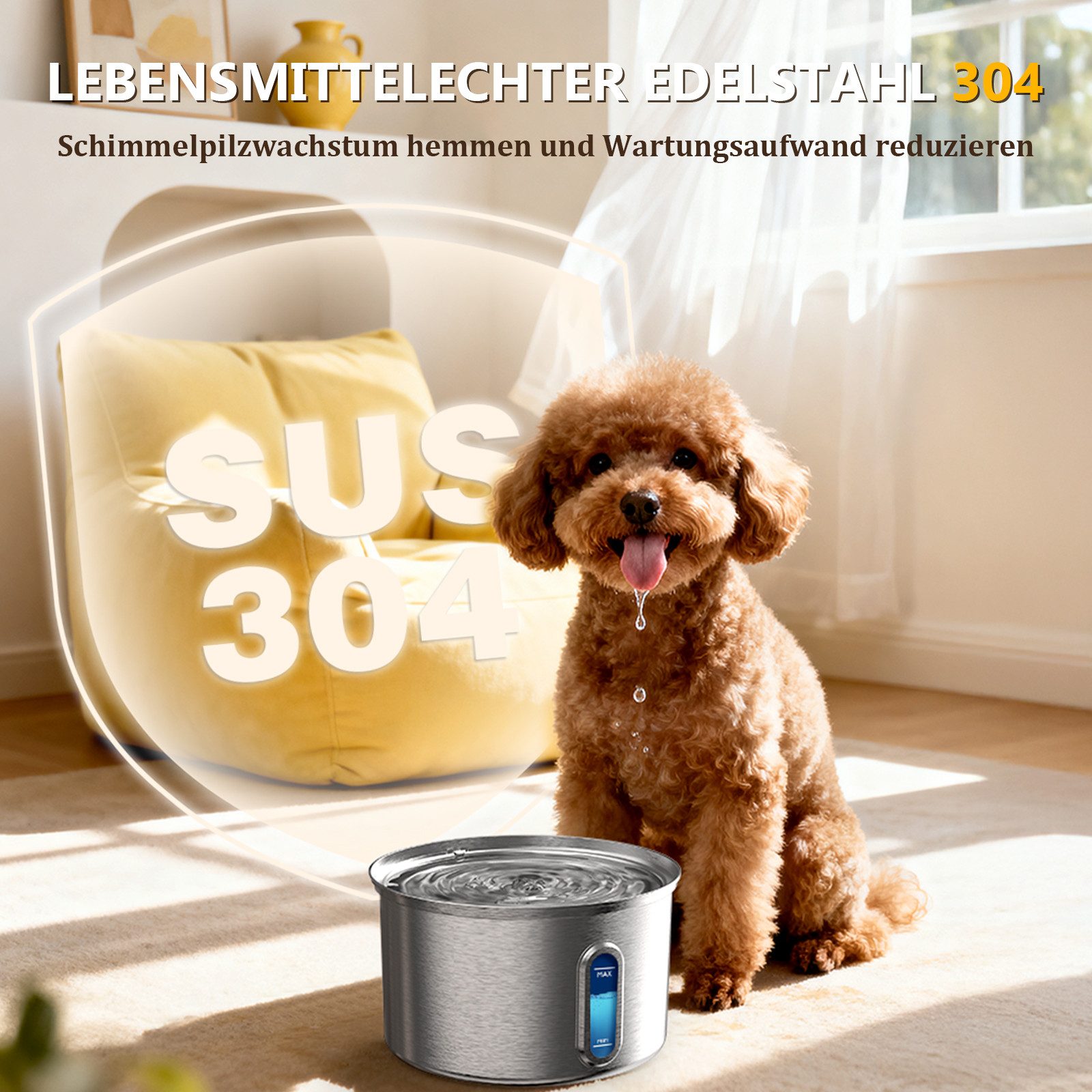 AeroAxis Trinkbrunnen 3,2 L Katzenbrunnen Edelstahl, Wasserspender Für Katze und Hunde 3.2 l, 2 Filter, Einfach Reinigbar, mit Wasserstandsfenster, leise