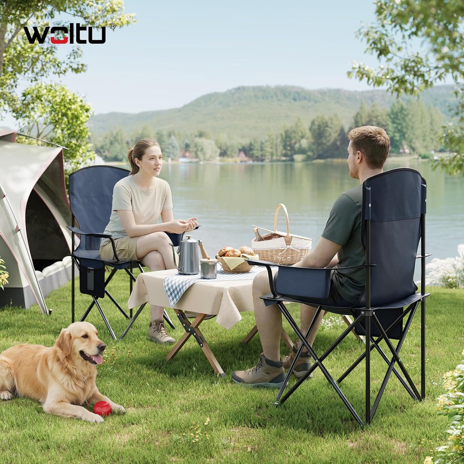 Woltu Campingstuhl (2 St), Klappbar, leicht, mit Hochlehne Kühltasche Getränkehalter Seitentasche