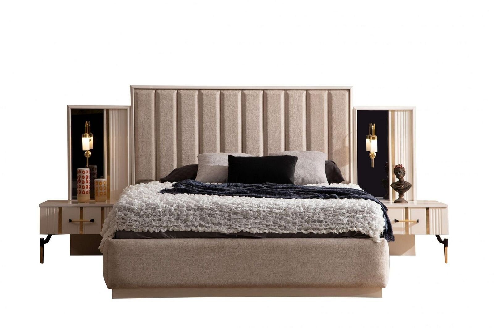 JVmoebel Schlafzimmer-Set Modernes Beiges Schlafzimmer Set Doppelbett mit 2x Nachttischen 3 tlg, Made In Europe