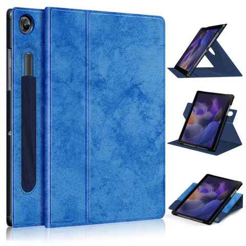 Wigento Tablet-Hülle Für Samsung Galaxy Tab A8 2021 10.5 Zoll SM-X200 360 Grad Rotation + Stift Halterung Tablet Tasche Hülle Case Cover Etui Schutz Blau Neu