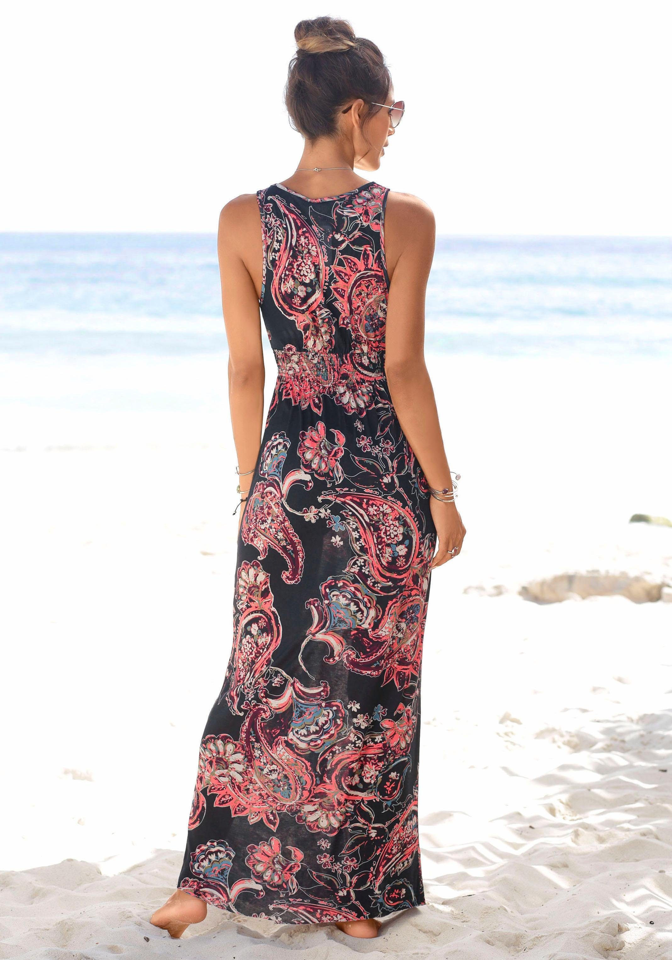 LASCANA Maxikleid mit verstellbarem Ausschnitt und gesmokter Taille, Jerseykleid Sommerkleid, Strandkleid, Viskosekleid, Boho-Kleid mit Paisleymuster