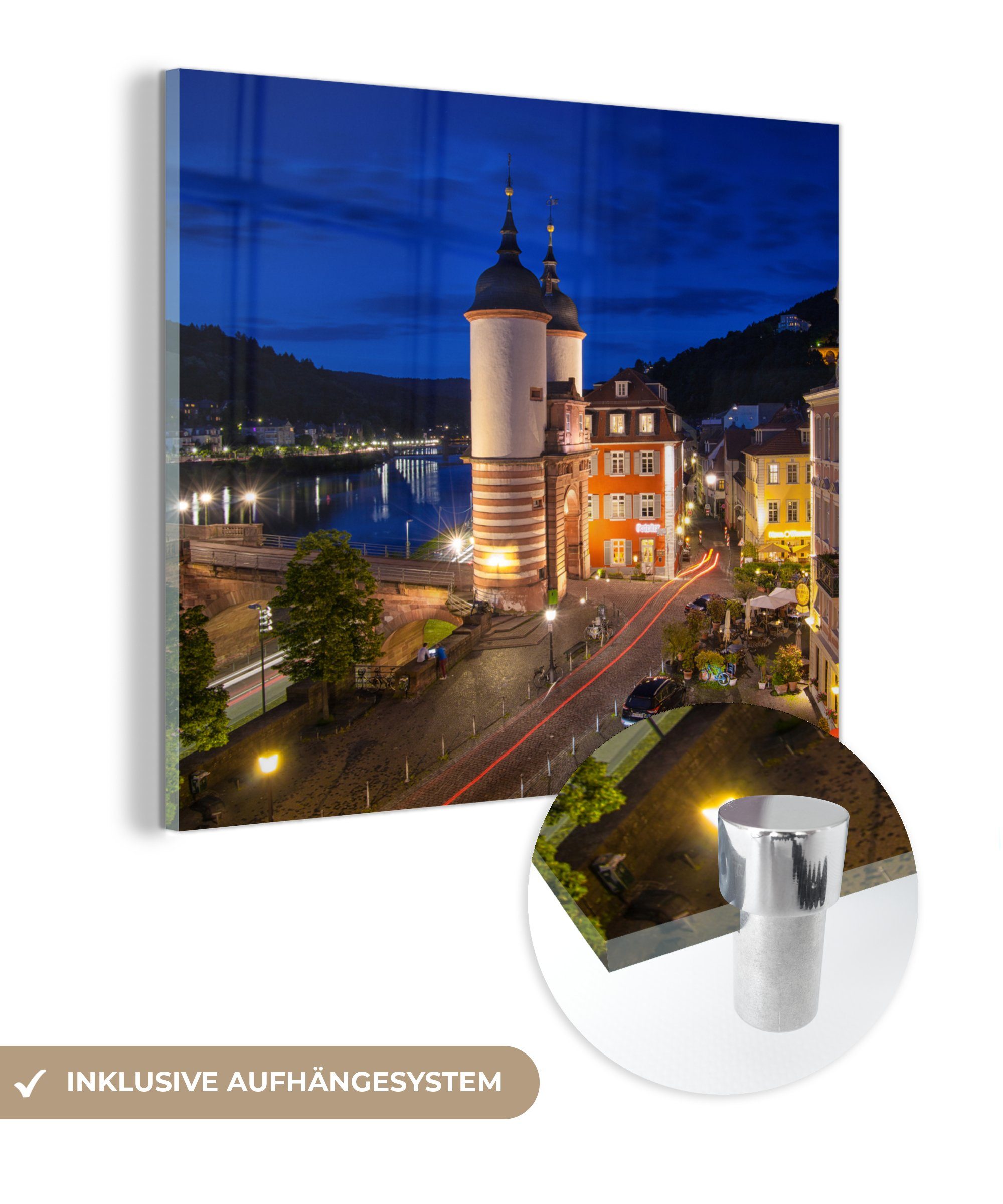 MuchoWow Acrylglasbild Die deutsche Stadt Heidelberg am Abend, (1 St), Glasbilder - Bilder auf Glas Wandbild - Foto auf Glas - Wanddekoration