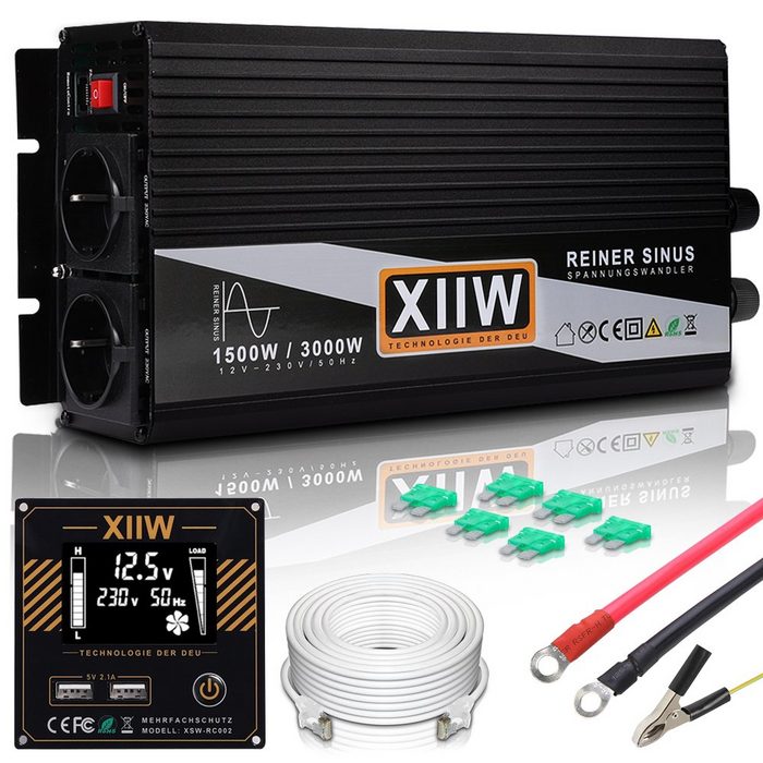 XERSEK Wechselrichter Spannungswandler Reiner Sinus 1500W/3000W Wechselrichter Inverter 4USB 12V 230V LCD 2x Steckdosen 4M Fernbedienung