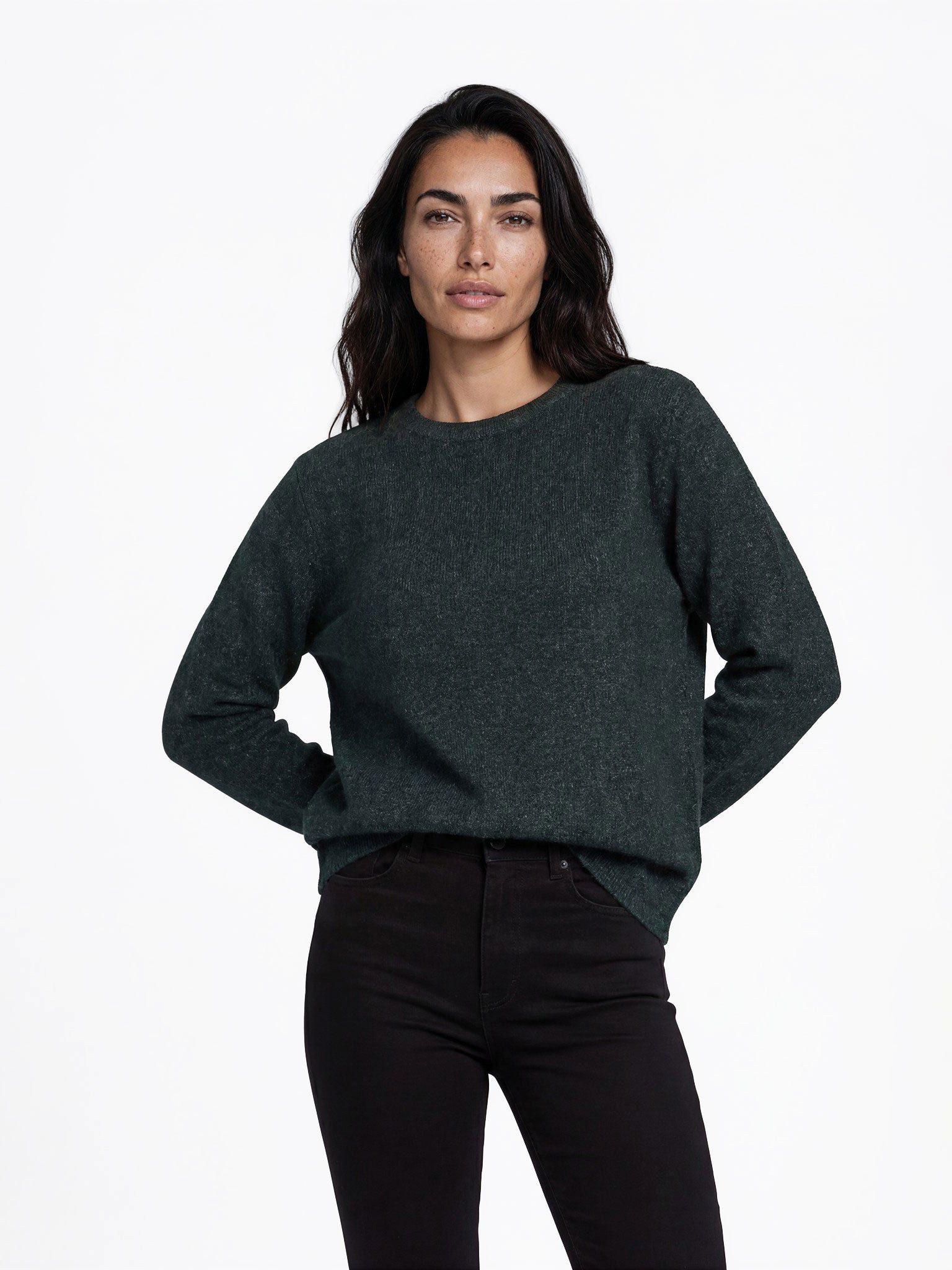 FRISTED Sweater Damen Yakwolle Rundhals Relaxed Fit Langarm Casual Feine Melange-Optik mit seitlichen Schlitzen & entspannter Silhouette