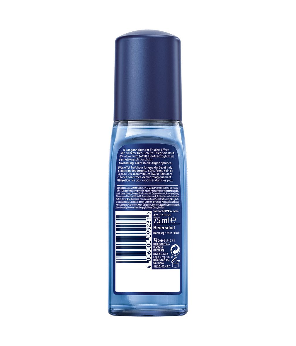 Nivea Men Deo-Zerstäuber Fresh Active 4 x 75ml, 48 Stunden effektiver Deo-Schutz, Set, 4-tlg., 0% Aluminium