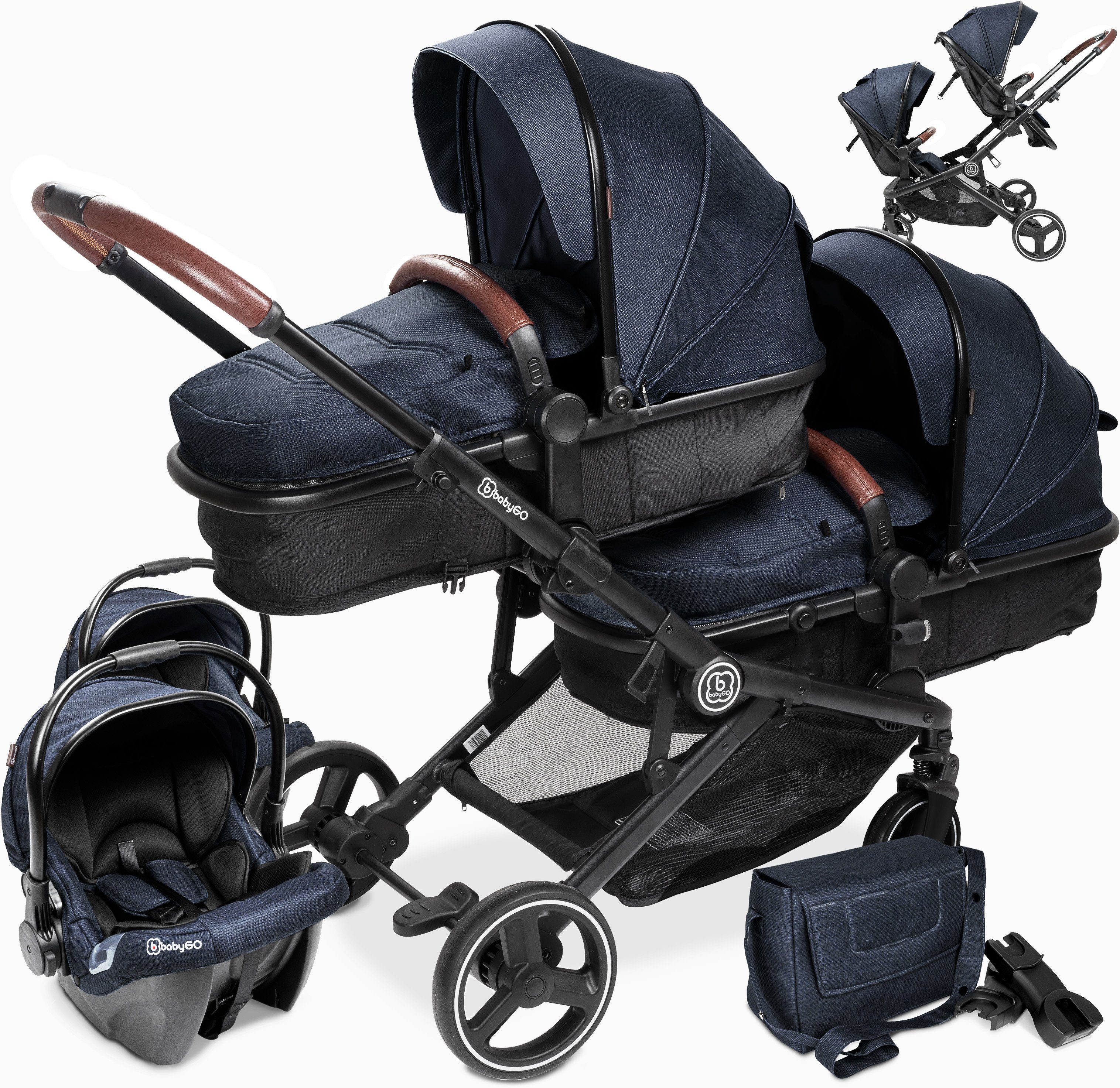 BabyGo Zwillingswagen »Twinner Set, Grau melange«, inkl. Wicketasche &  jeweils 2 Babyschalen, Regenhauben, Nachtlichter