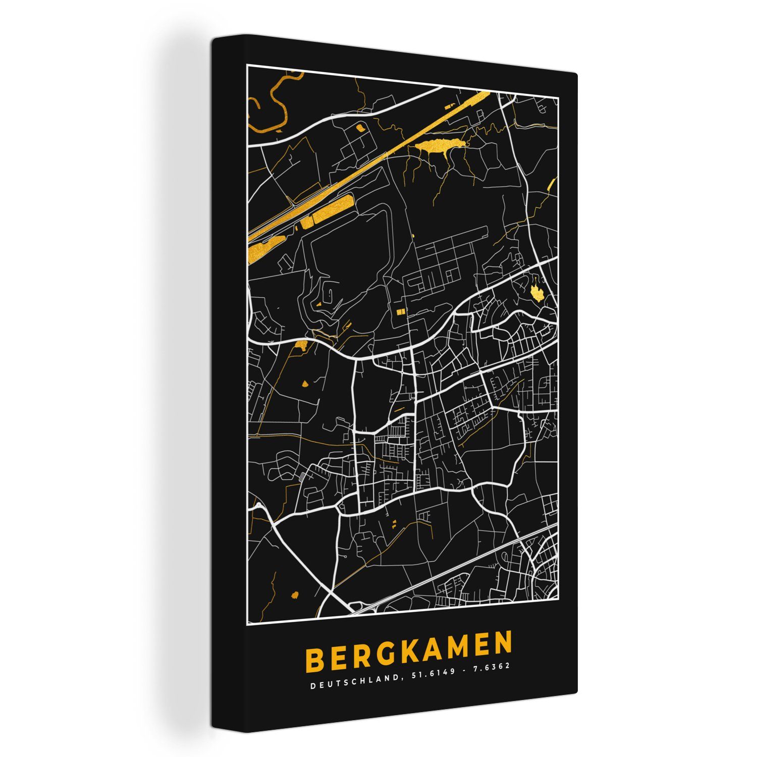OneMillionCanvasses® Leinwandbild Stadtplan - Karte Gemälde, Deutschland inkl. - bespannt 20x30 Zackenaufhänger, fertig - Bergkamen - Gold cm (1 Leinwandbild - St), Karte