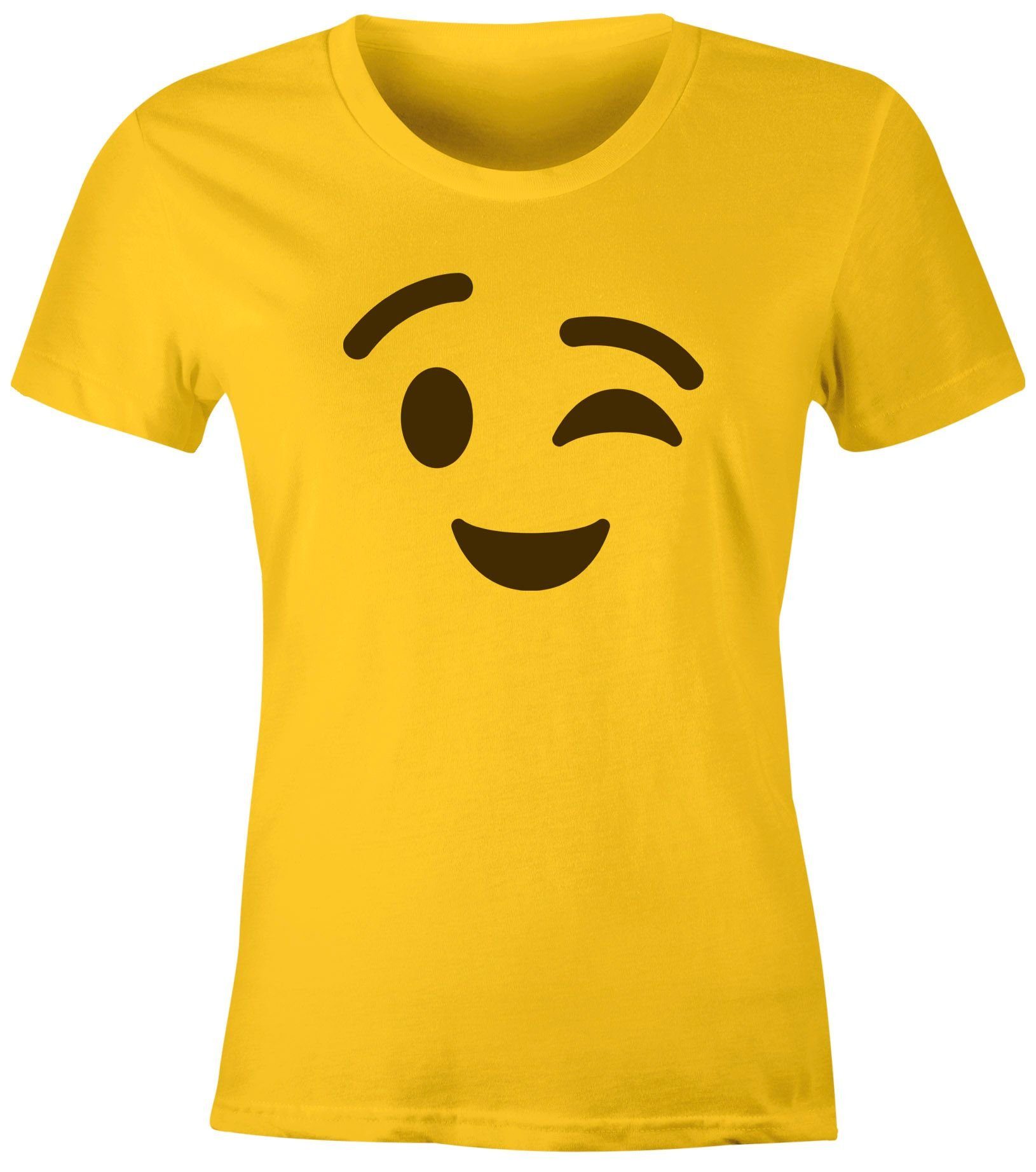 MoonWorks Print-Shirt Damen T-Shirt Emoticon Gruppenkostüm Fasching Karneval Junggesellenabschied JGA lustig Fun-Shirt Moonworks® mit Print Zwinkern gelb