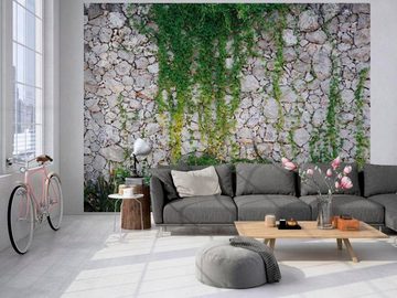 living walls Fototapete Natursteinmauer Vlies, glatt, (1 St), Steinwand mit Pflanzen Fototapete Steine 3,50 m x 2,55 m Tapete